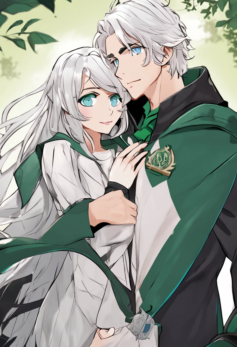 slytherin couple white hair blue eyes anime style young couple looking cartoon