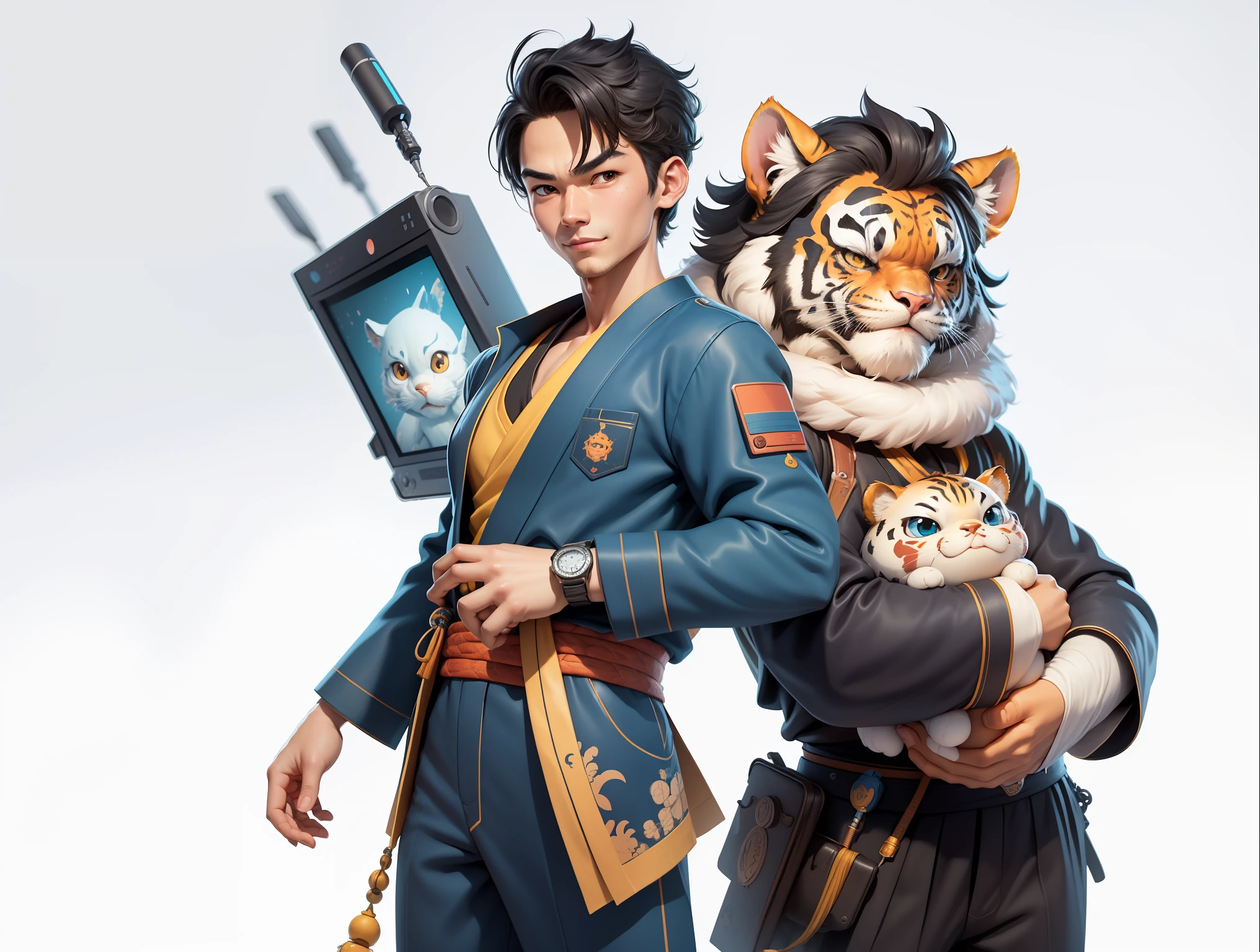 (Masterpiece), (Excellent), (Super Meticulous), (Full Body: 1.2), Super Young Man, Oriental Face, Japanese Kimono, Japanese Wind Thunder God, Dragon, Tiger, TV Anchor, Bust Portrait Illustration, Alone, Black Suit, Blue Tie, Slightly Chubby Face, Very Clean Face, No Beard, Black Super Short Hair, Black Eyes, Confident Smile, 3c Computer Sub-Products, iPad, iPhone, Digital Painting, 3D Character Design by Akira Toriyama and Mark Claireden and Pixar and Hayao Miyazaki, The illustration is a high-definition illustration in 4K resolution with very detailed facial features and cartoon-style visuals.