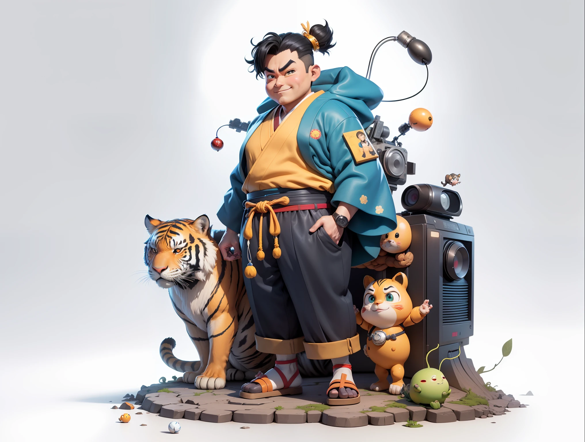 (Masterpiece), (Excellent), (Super Meticulous), (Full Body: 1.2), Super Young Man, Oriental Face, Japanese Kimono, Japanese Wind Thunder God, Dragon, Tiger, TV Anchor, Bust Portrait Illustration, Alone, Black Suit, Blue Tie, Slightly Chubby Face, Very Clean Face, No Beard, Black Super Short Hair, Black Eyes, Confident Smile, 3c Computer Sub-Products, iPad, iPhone, Digital Painting, 3D Character Design by Akira Toriyama and Mark Claireden and Pixar and Hayao Miyazaki, The illustration is a high-definition illustration in 4K resolution with very detailed facial features and cartoon-style visuals.
