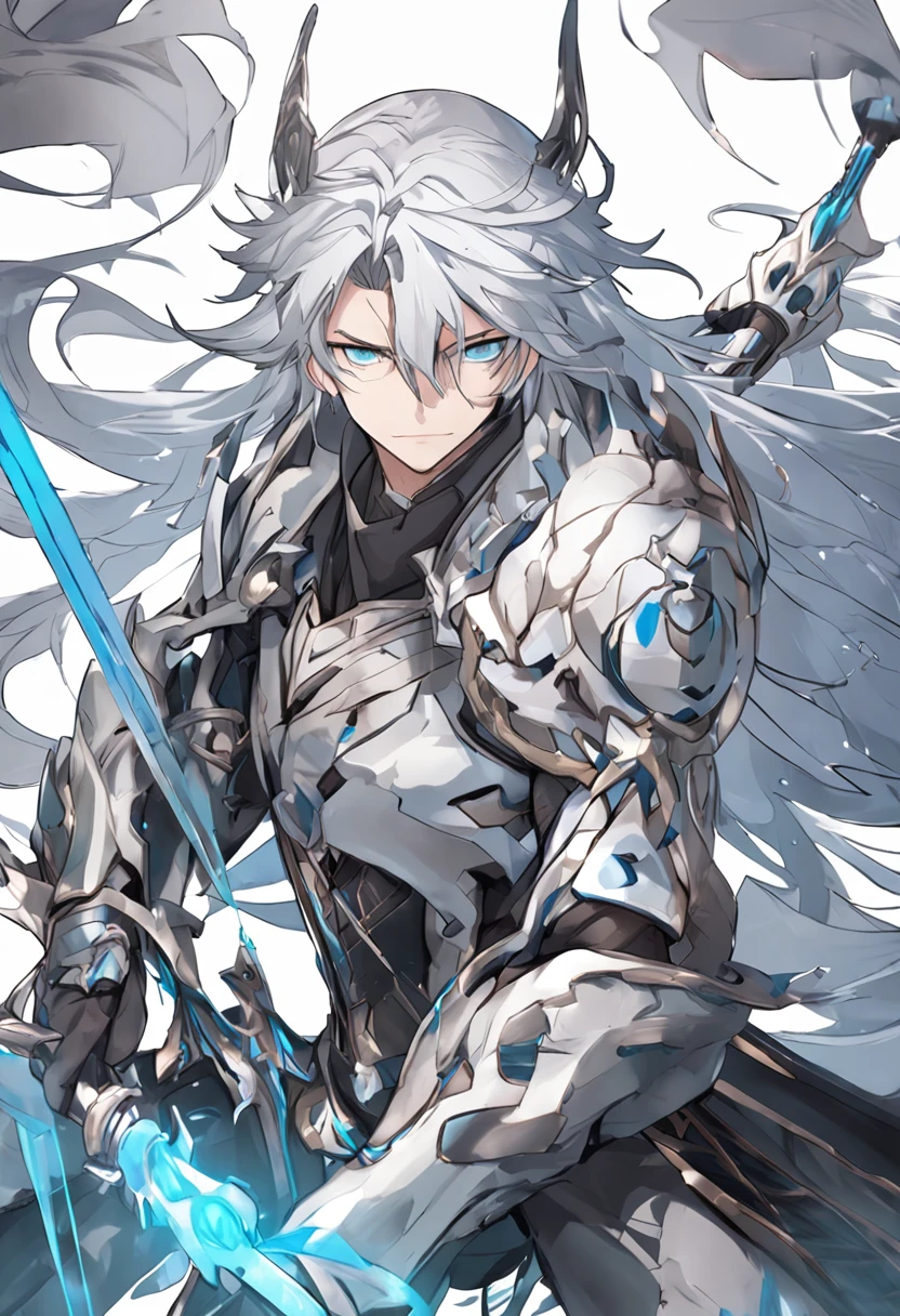 Anime characters with long white hair and blue eyes holding a sword, this character has cryokinesis, Fine details. anime big breast. Tentacles, Keqing from Genshin Impact, Tall anime guy with blue eyes, official character art, From Arknights, ( ( concept art of character ) ), best anime character design, male anime character, arcane art style, white-haired god,full bodyesbian，Standing painting