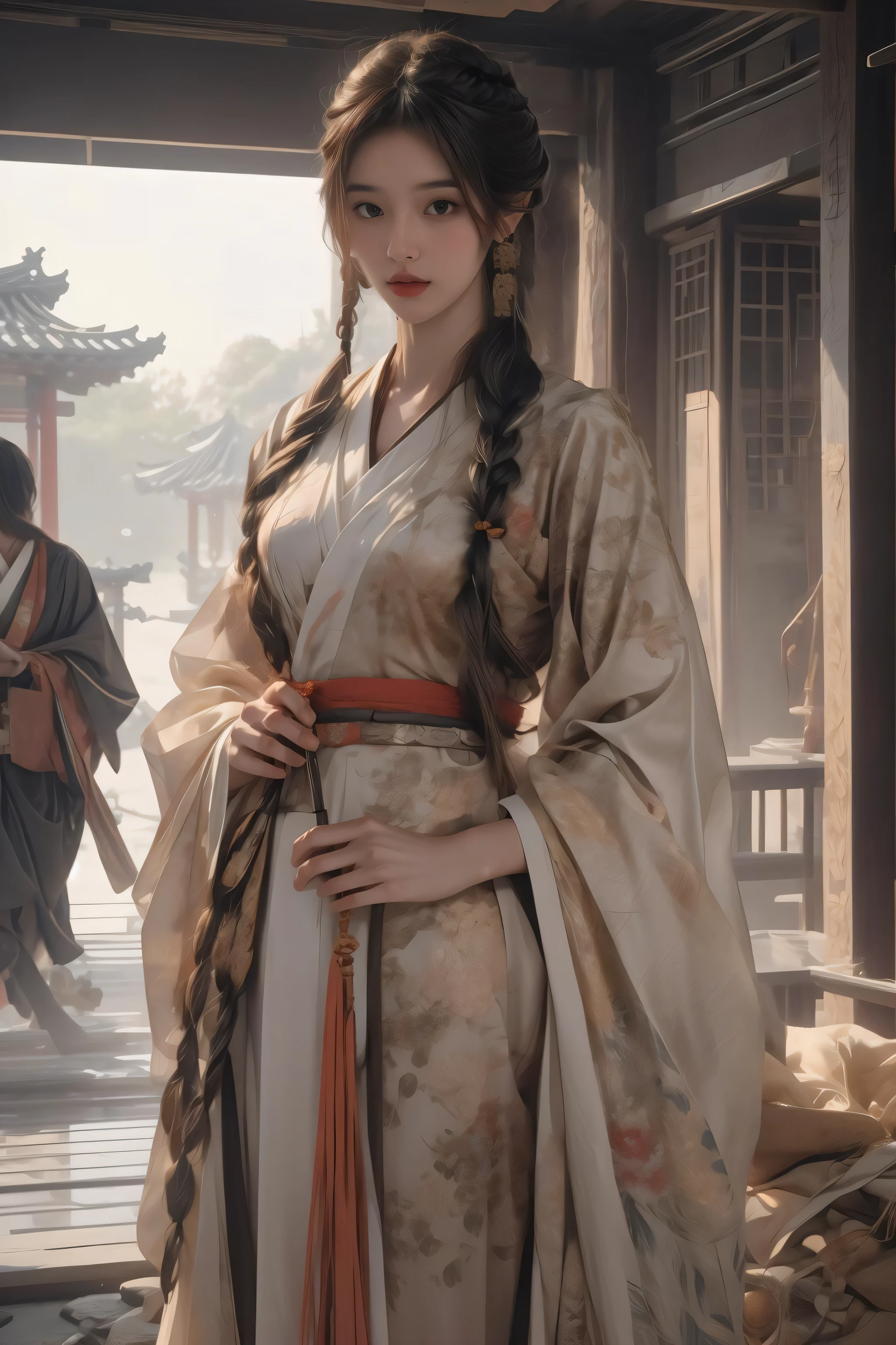 Best Quality,Masterpiece,Ultra High Resolution,(Realisticity:1.4),Original Photo,Cinematic Lighting,
NSFW, 1girl, 20 yo, solo, model shooting pose, medium breasts, , blonde hair, bangs, bun, (tired up short braids), hair ornament, fair skin, full body, , pubic hair, midjourney portrait, (hanfu:1.39), acient east asia architecture, china dress, avatar, lois van baarle, ilya kuvshinov, rossdraws, tom bagshaw, global illumination, radiant light, detailed and intricate environment