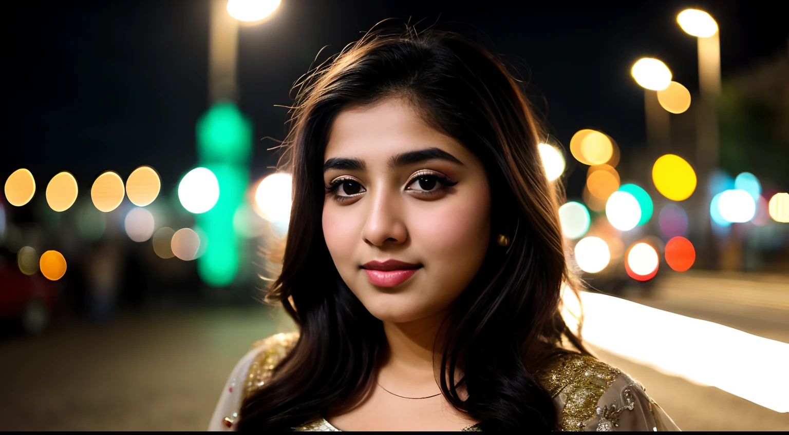 instagram photo, closeup face photo of 18 y.o Pakistani woman in dress, beautiful face, makeup, night city street, bokeh, motion blur