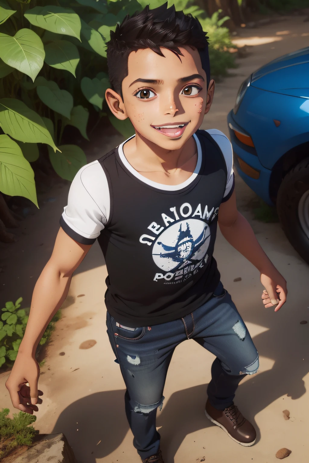 A pergonage for a children's book with these characteristics. idade: 10 anos Altura: Baixo : Cabelos castanhos claros e levemente ondulados, com uma mecha rebelde caindo na testa. olhos: olhos castanhos brilhantes, sempre cheios de curiosidade e vivacidade. roupa: Camiseta preta e jeans desgastado, reflecting your laid-back personality. striking features: An infectious smile that reveals your friendly and outgoing nature.sexo masculino, a child, jovem aventureira, roupas brasileira,