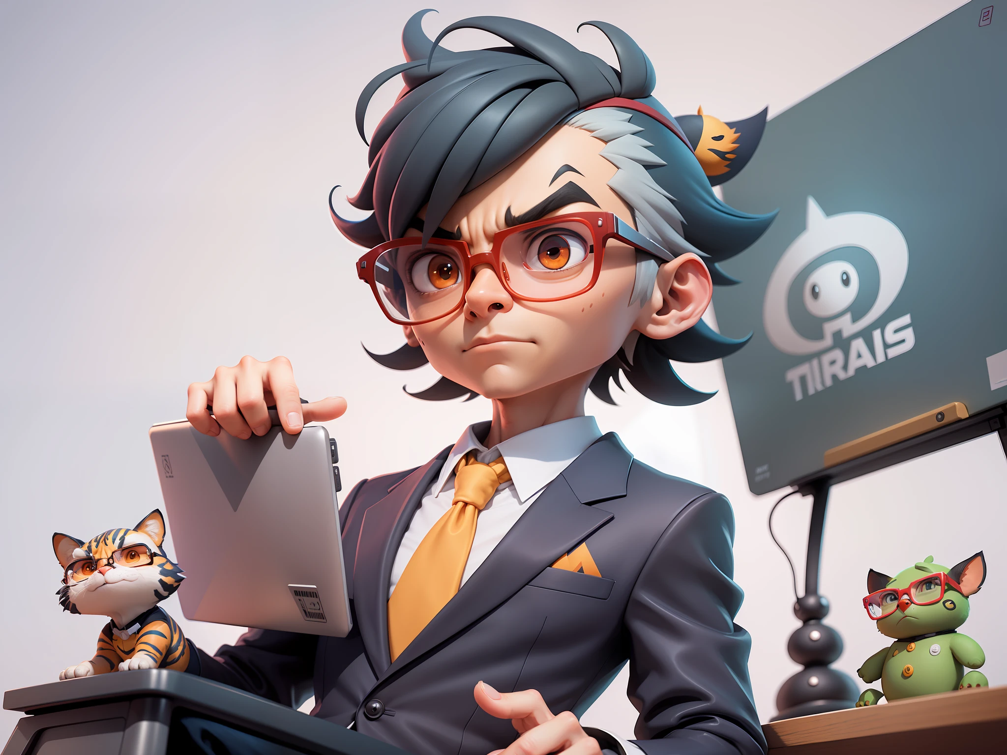 A young man in a suit, Short hair and glasses sat at his desk，holding laptop，digitial painting，tigre，3D character design by Mark Clairen and Pixar and Hayao Miyazaki and Akira Toriyama，4K HD illustration，Very detailed facial features and cartoon-style visuals。