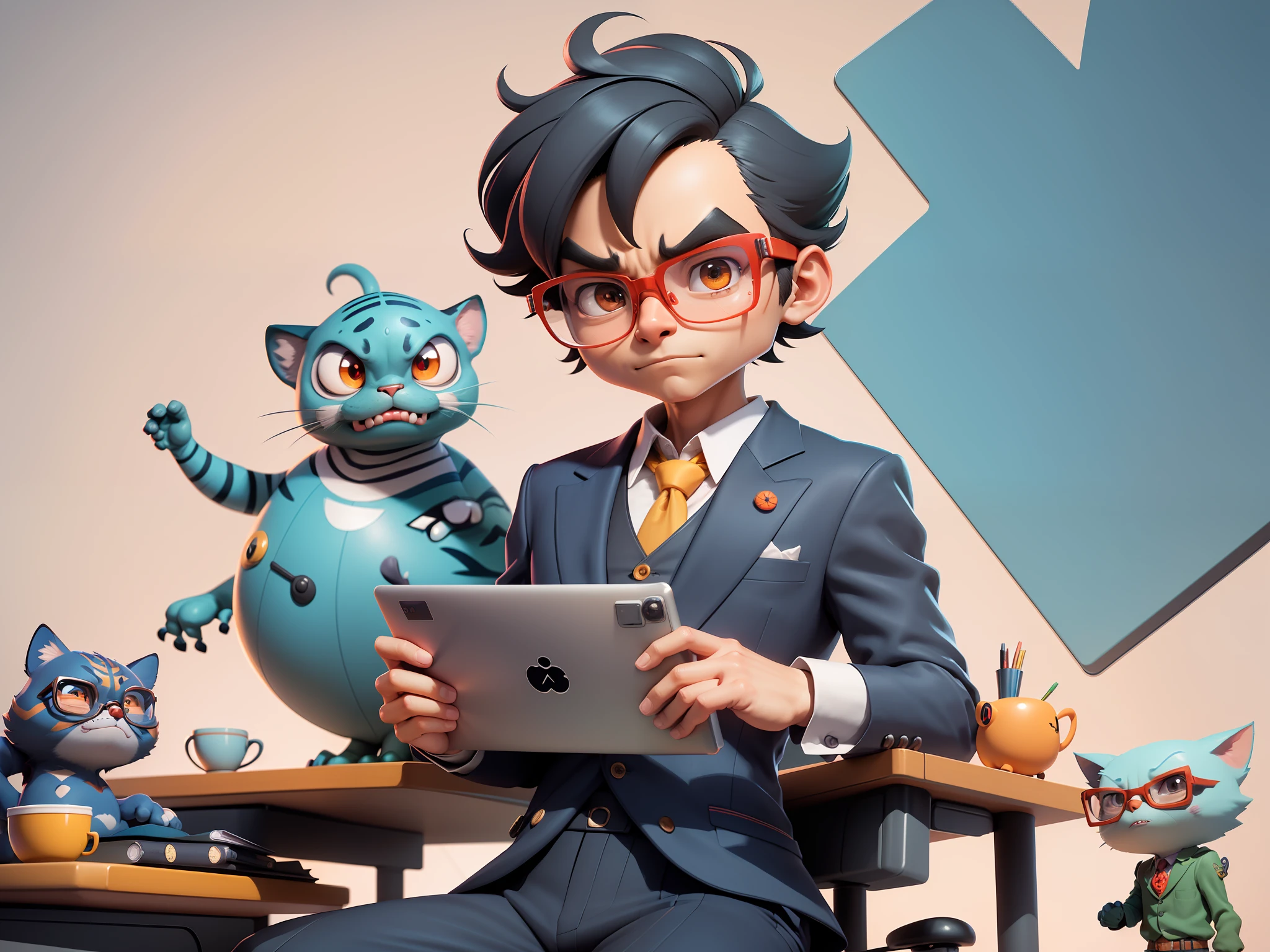 A young man in a suit, Short hair and glasses sat at his desk，holding laptop，digitial painting，tigre，3D character design by Mark Clairen and Pixar and Hayao Miyazaki and Akira Toriyama，4K HD illustration，Very detailed facial features and cartoon-style visuals。