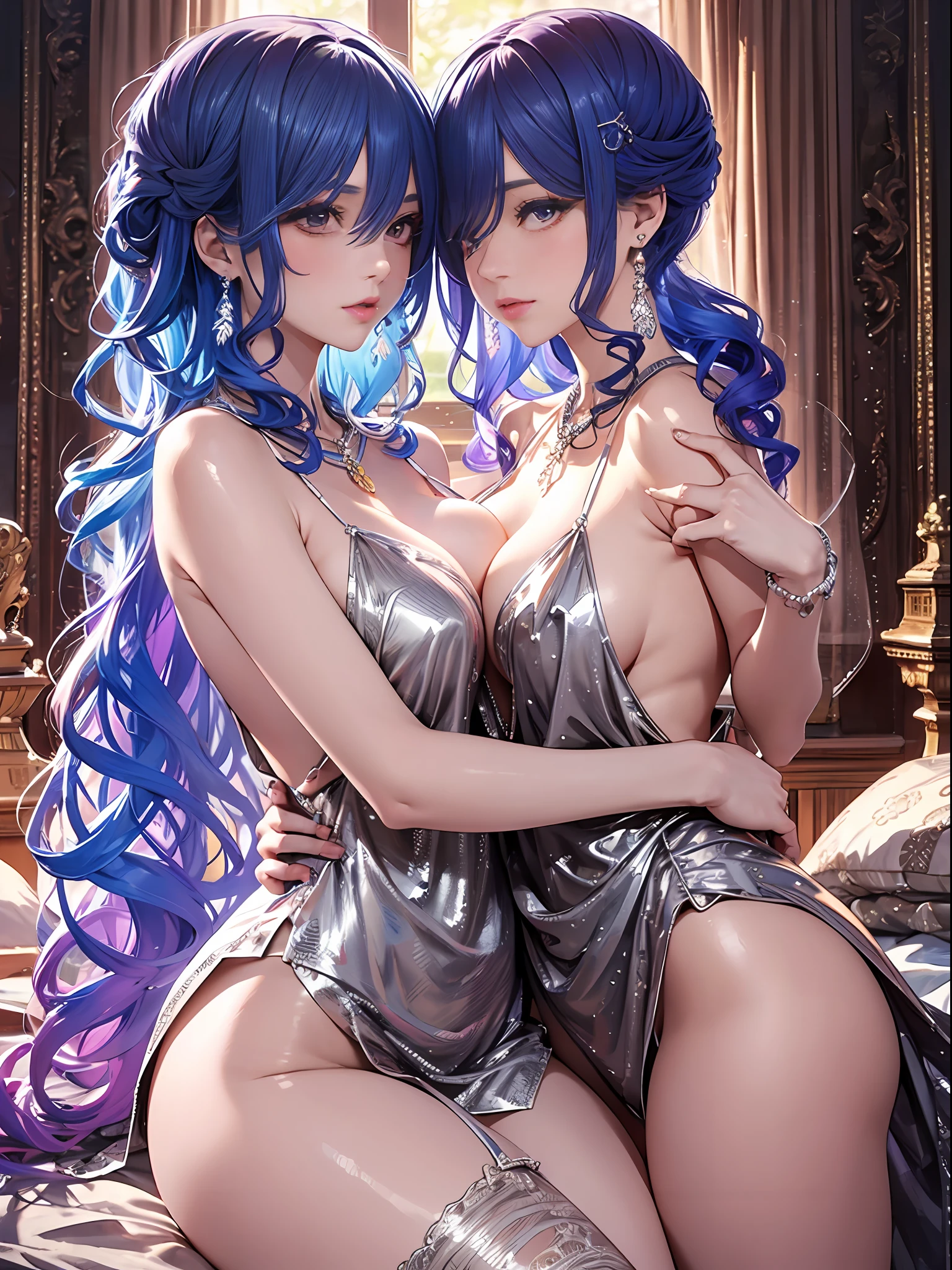 (Enrich the picture,Masterpiece level quality)Beautiful 8K CG artwork,Goddess-like posture,Sitting in the cabin of an airplane,Postural exercises,Slim and soft,Translucent skin,Blue colored hair、The beauty of extra-long hair, Super Long Straight Hair,The skin is fair and juicy,Big breasts lingerie miniskirt uniform,Perspective Part 1.2x enhanced silhouette effect,Exquisite transparent blues pattern in pajamas,The details are intricate and exquisite,The background is slightly blurred,Charming and lustful leg seduction,Drool,K cup big breasts,Blush,Japan goddess,Perfect body slim curves,Cabin scene,Lace panties can be seen,spread their legs,Red left eye,The right eye is green,2 beautiful women hugging each other,