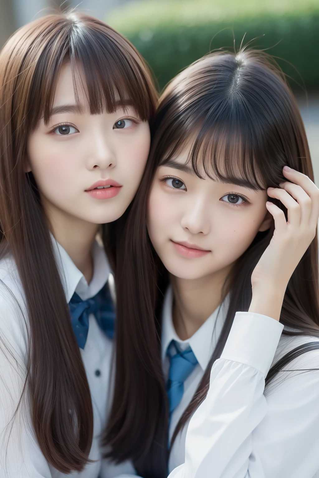 top-quality、8K、32K、​masterpiece、nffsw:1.2)、2girls、Two girls with long hair、Two beautiful Japan women、Heavy bangs、long sleeved shirt、length hair、School Uniforms