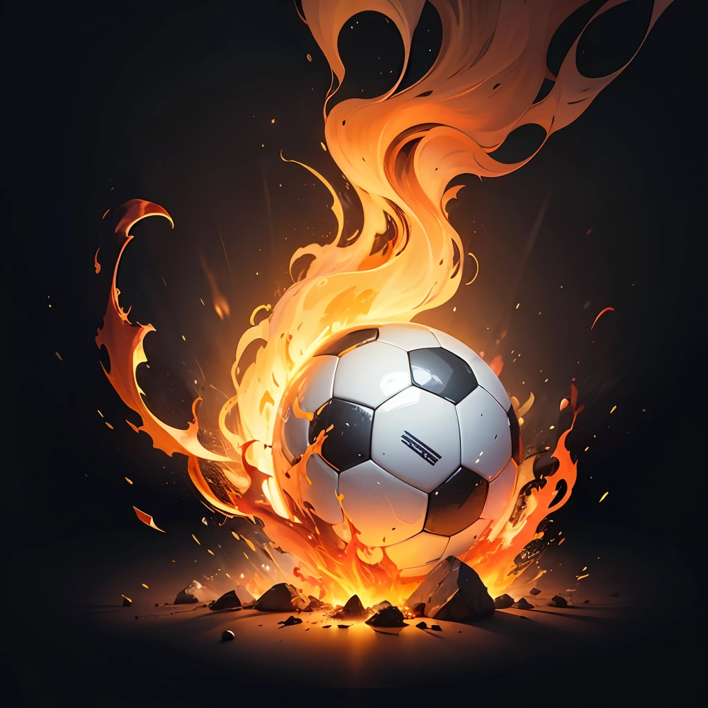 a soccer ball in flames on a black background, inspired by Arnold Bronckhorst, trending on dribble, crypto, golden embers flying, (fire), godesses, cfd, 2023 --auto --s2