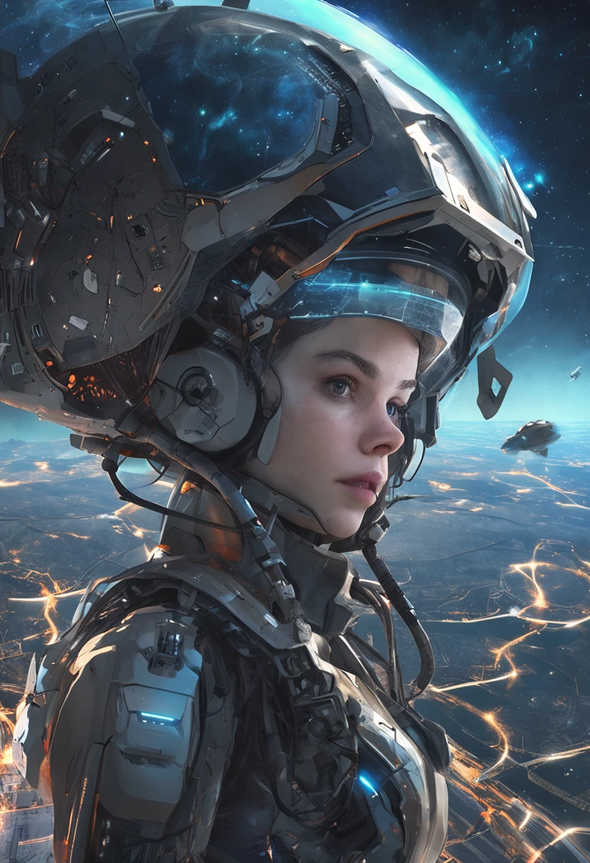 Open space, distant stars in the dark sky, in the foreground a giant platform, a high-tech spaceship, a fantastically beautiful girl, in a sky-fi overall, a lovely young face, possibly developing hair, a beautiful figure, many details, lightning. fasteners, fasteners for devices, wires. Correct anatomy, correct facial features, body proportions, large expressive eyes. Love for the whole universe. Not an earthly creation Masterpiece, cyberpunk elements, combat robot, turret , technology. extraterrestrial civilization. Love at first sight.