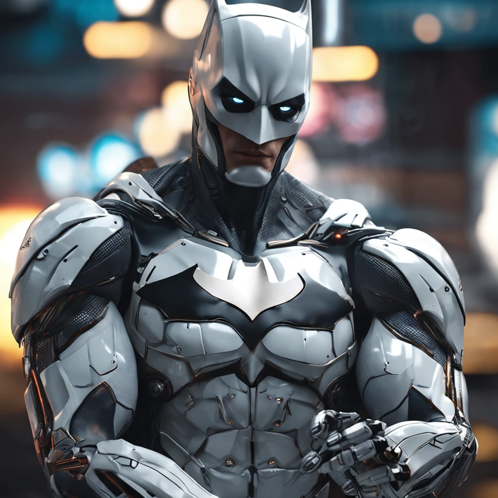 :Realistic white Batman focus on an advanced cybernetic masterpiece suit, cinematico, aerodinamico, alta qualidade ::n_desenho de estilo, Low-quality imperfection, boneco, game, anime