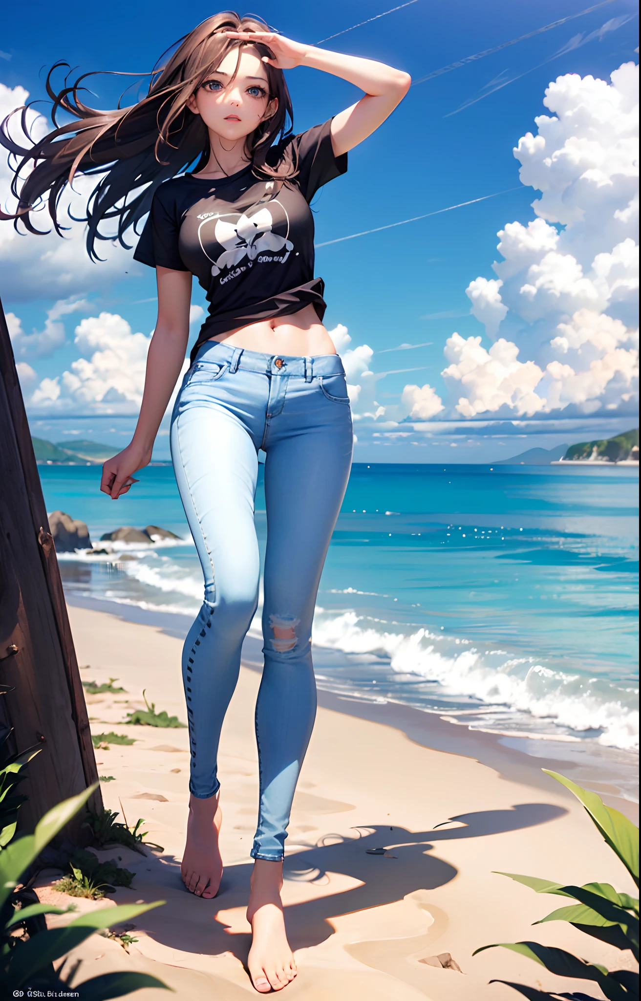 masterpiece, extremery magnificent view, perspective, extremery best quality, extremery detailed CG, 8k wallpaper, high resolution, highly detaiiled face, highly detailed eyes, perfect anatomy, super detailed skin, 
(dynamic angle, dynamic pose:1.2), outdoors, sandy beach, soothing waves, (portrait, legs focus, full body), (beautiful face, beautiful eyes, beautiful legs:1.3),
1 girl, solo, (t-shirts, skinny jeans:1.3), medium breasts, brown hair, long hair, floating hair, straight hair, open forehead, parted bangs, blue eyes, (barefoot, navel, :0.8), skinny, slender