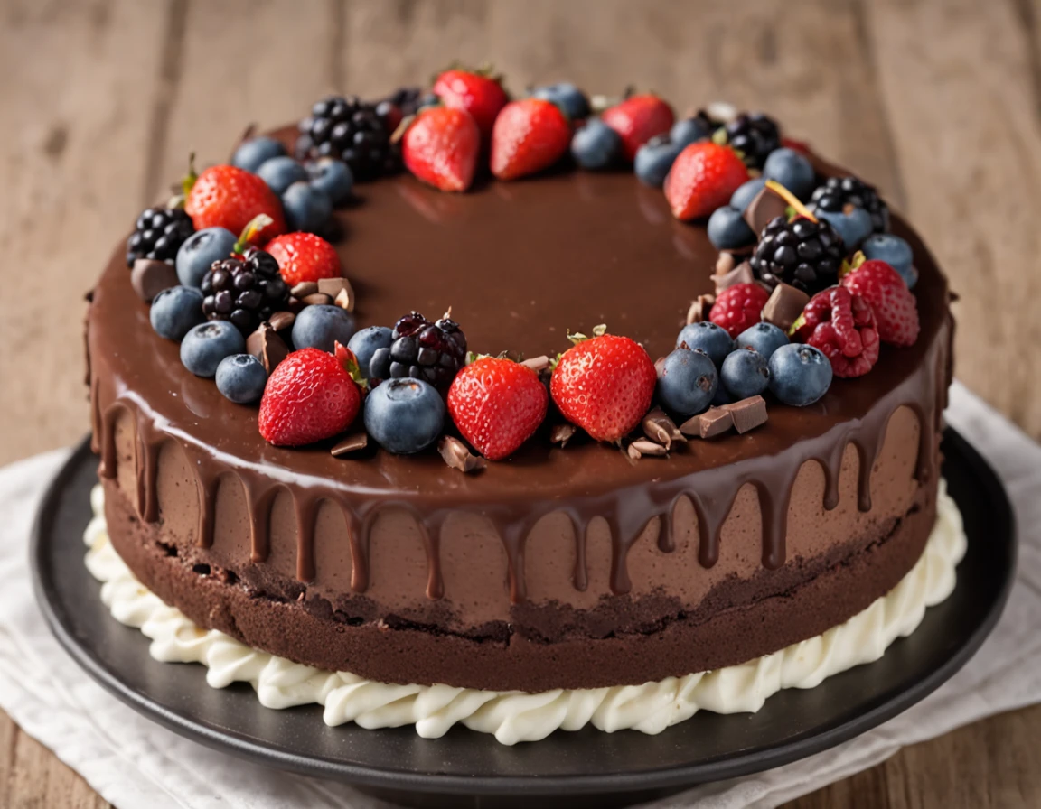 There is a chocolate cake with strawberries and blueberries, birthday cake, O Maior Bolo, bolo, delicioso, Bolos, arte do bolo, Perfectly detailed, " casca de ferro, Award-winning - Award-winning sharp details ", Award-winning sharp details", cobertura de frutas morango, cereja e mirtilo, Detalhe perfeito, Directed by: Lee Loughridge, 4k polymer clay food photography, happy birthday, delicioso, retroiluminado, escultura do bolo