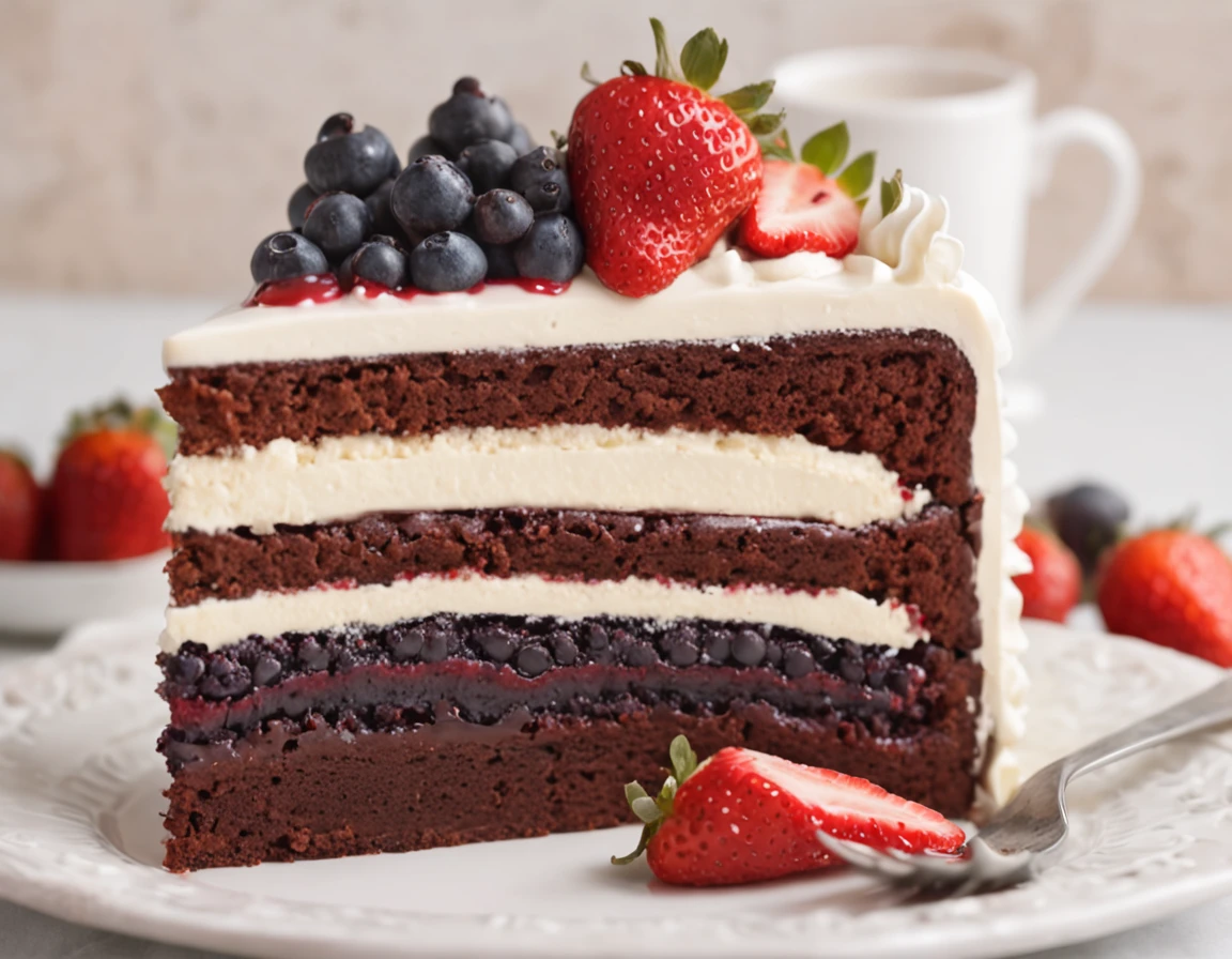 There is a chocolate cake with strawberries and blueberries, birthday cake, O Maior Bolo, bolo, delicioso, Bolos, arte do bolo, Perfectly detailed, " casca de ferro, Award-winning - Award-winning sharp details ", Award-winning sharp details", cobertura de frutas morango, cereja e mirtilo, Detalhe perfeito, Directed by: Lee Loughridge, 4k polymer clay food photography, happy birthday, delicioso, retroiluminado, escultura do bolo