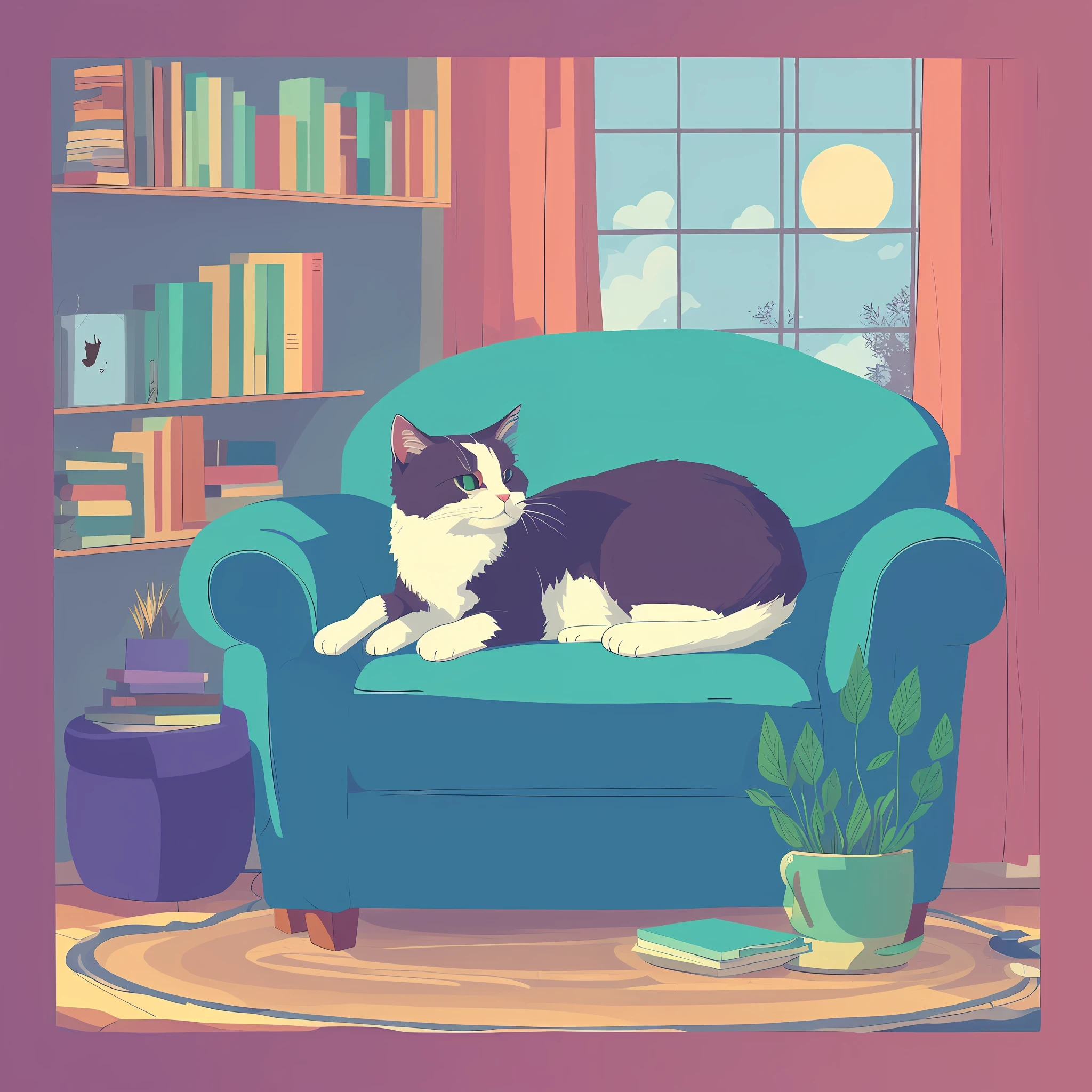 There was a cat lying on a chair in the room, cozy place, relaxing on the couch, cozy home background, a cat sitting in a chair, relaxing on the couch, inside a cozy house, sitting in the couch, cozy living room background, lo-fi illustration style, in a comfortable chair, at the sitting couch, sitting in the couch