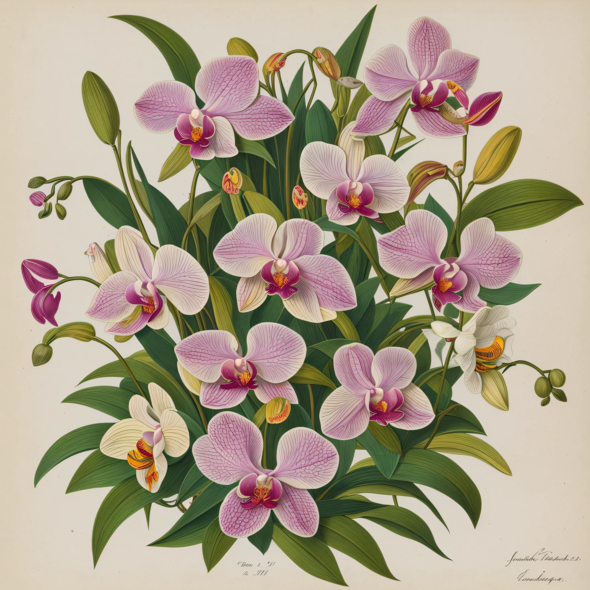 (beste-Qualit: 1.2), (Detailed: 1.2), (tmasterpiece: 1.2), Vintage botanical illustrations (Bouquet of orchids) (1770-1775) in high resolution by John Edwards