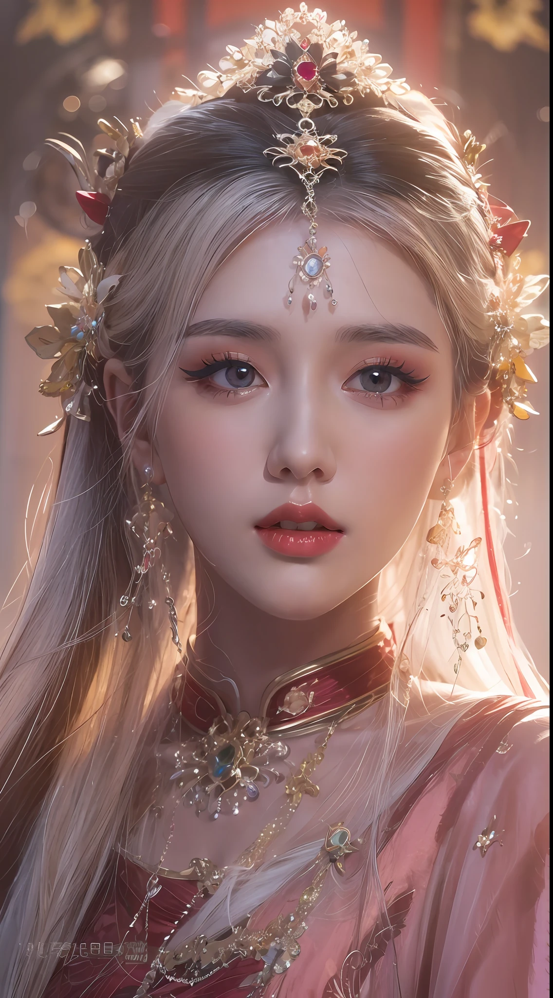 portrait of a beautiful 20 year old holy woman, wearing a thin multicolored silk dress, beautiful face without blemishes, ((natural smile:0.3)), Mouth closed, ((7-color hair length:1.2)), big crown, hair brooch, hanfu dress, chinese ancient style, full body jewelry, forehead tattoo, super even chest, face, red lips, delicate pink and white eyes (white and detailed) cinematic, light and dark, dramatic lighting, magical light, extremely detailed light, true color, super sharp, realistic, 8k quality, fantasy universe background, saints and magical space, the most detailed images, Exhibition photo, awarded, Eye-catching bright tone effect,