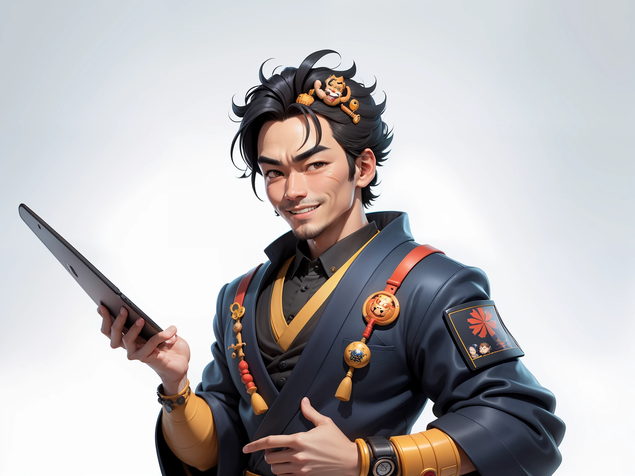 (Daisaku),(Need),(Super meticulous),(full bodyesbian:1.2),Super young man with Japanese geisha,Beautiful,orient,one tiger,Aeolian Thor,Raised sexy,爆乳,Oriental face,TV Anchor,Bust portrait illustration,In black suit,a blue tie,The face is slightly chubby,The face was clean,without a beard,Black super short hair,Black eyes,Smile confidently,3C computer sub-products,iPad, iphone,Digital painting,3D character design by Mark Clairen and Pixar and Hayao Miyazaki and Akira Toriyama,The illustration is a high-definition illustration in 4K resolution,With very detailed facial features and cartoon-style visuals。