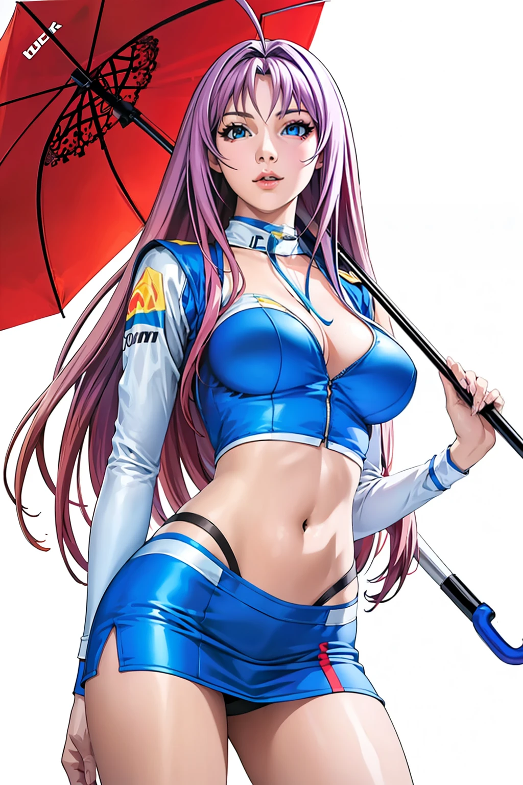 ((Formula One)), race track, miniskirt, crop top,background, perfect eyes:1.2, detailed eyes:1.4, very long hair, ahoge, cowboy shot, (PhotoRealistic:1.4), umbrellaLORA, holding umbrella, Maya-Natsume-KJ, race_queen, clothing cutout, looking at viewer, Ultra-realistic 8K CG, masterpiece, ((ultra-detailed background, delicate pattern, intricate details)), best quality, intricate details, 1girl, solo, (masterpiece:1.6, best quality),