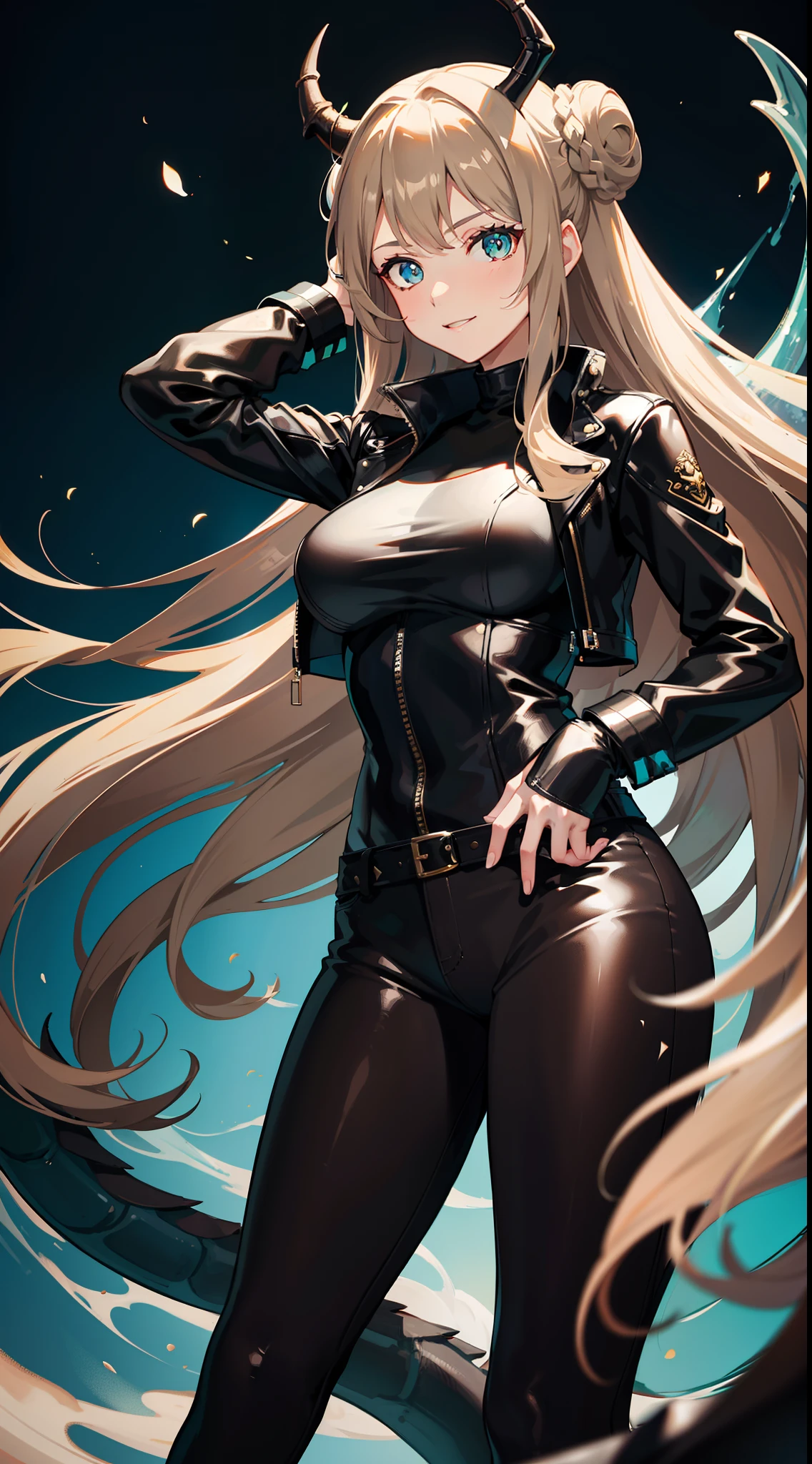 Adult woman, Long brown hair, hair in a bun, Cyan eyes, dragon horns, black tight pants, Black tight top, White leather jacket, ssmile, Masterpiece, hiquality