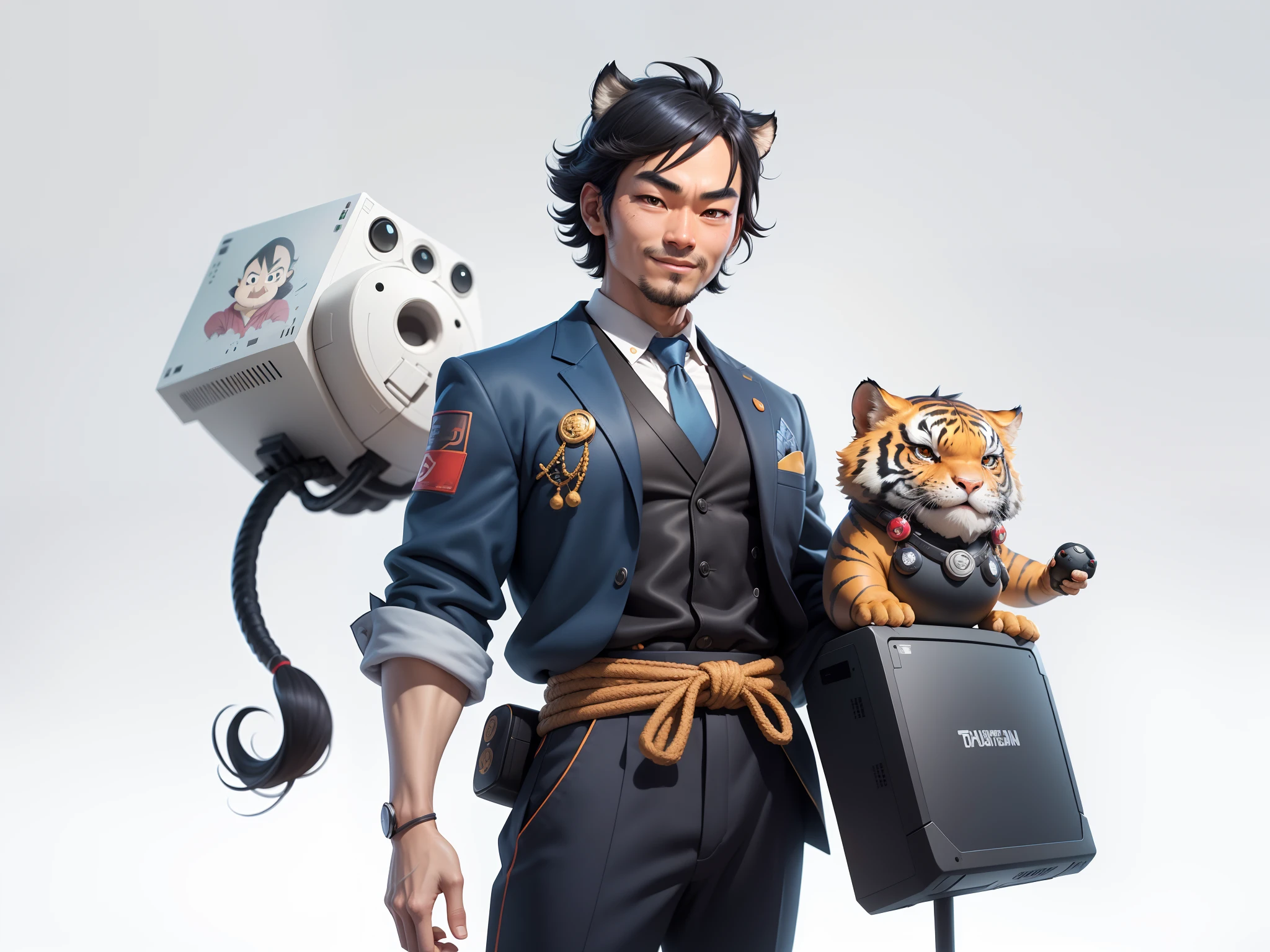 (Daisaku),(Need),(Super meticulous),(full bodyesbian:1.2),Super young man with Japanese geisha,Beautiful,orient,one tiger,Aeolian Thor,Raised sexy,爆乳,Oriental face,TV Anchor,Bust portrait illustration,In black suit,a blue tie,The face is slightly chubby,The face was clean,without a beard,Black super short hair,Black eyes,Smile confidently,3C computer sub-products,iPad, iphone,Digital painting,3D character design by Mark Clairen and Pixar and Hayao Miyazaki and Akira Toriyama,The illustration is a high-definition illustration in 4K resolution,With very detailed facial features and cartoon-style visuals。