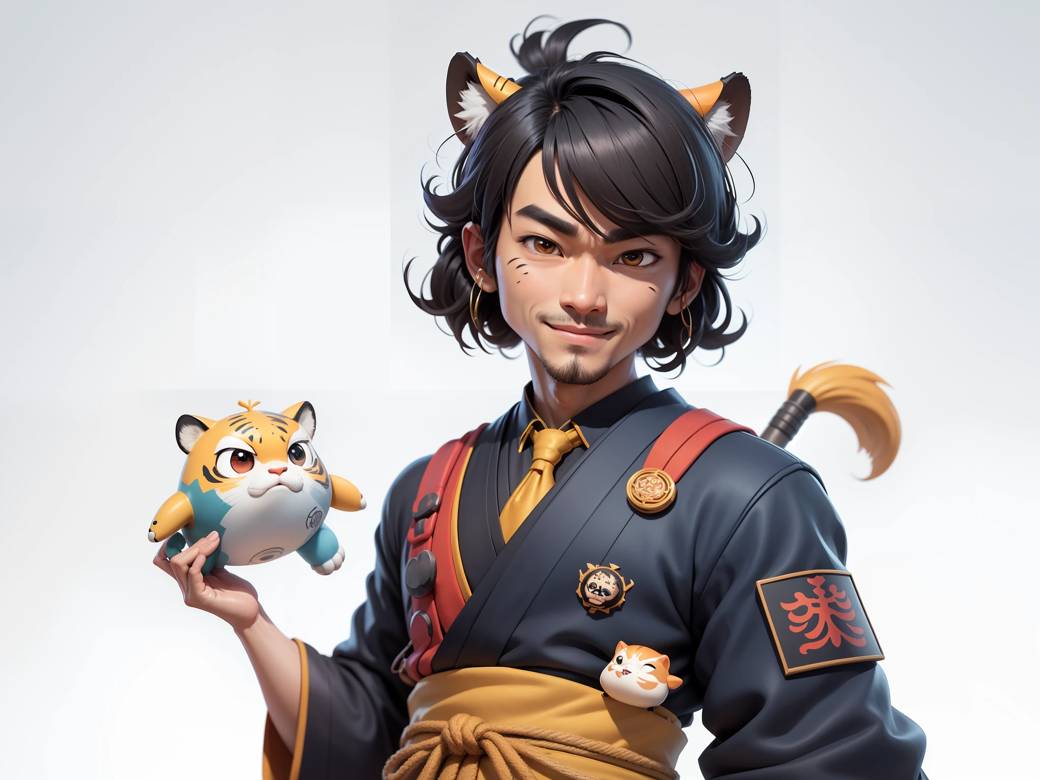 (Daisaku),(Need),(Super meticulous),(full bodyesbian:1.2),Super young man with Japanese geisha，Beautiful，orient，one tiger，Aeolian Thor，Raised sexy，爆乳，Oriental face，TV Anchor，Bust portrait illustration，In black suit，a blue tie，The face is slightly chubby，The face was clean，without a beard，Black super short hair，Black eyes，Smile confidently，3C computer sub-products，iPad， iphone，Digital painting，3D character design by Mark Clairen and Pixar and Hayao Miyazaki and Akira Toriyama，The illustration is a high-definition illustration in 4K resolution，With very detailed facial features and cartoon-style visuals。