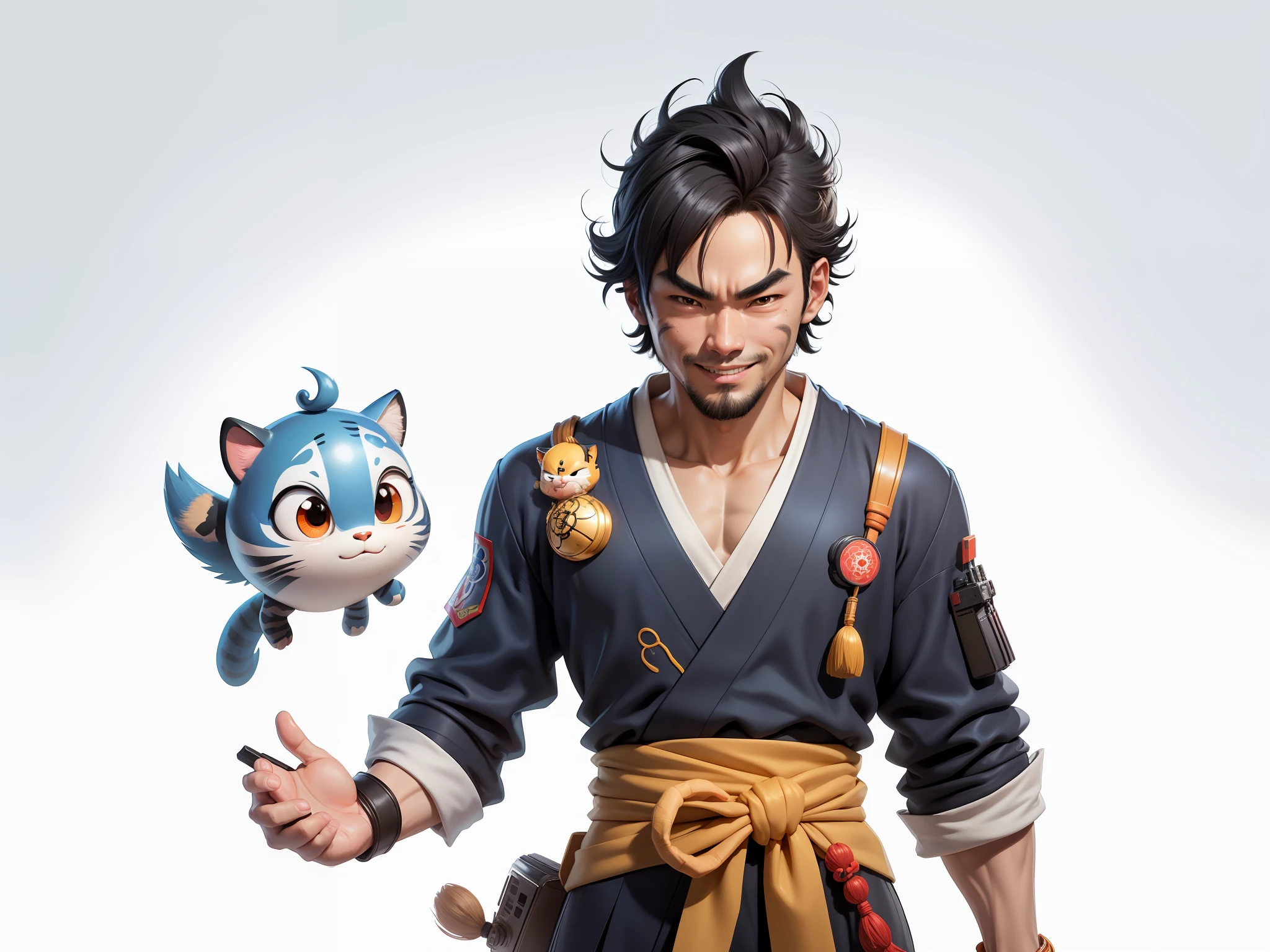 (Daisaku),(Need),(Super meticulous),(full bodyesbian:1.2),Super young man with Japanese geisha,Beautiful,orient,one tiger,Aeolian Thor,Raised sexy,爆乳,Oriental face,TV Anchor,Bust portrait illustration,In black suit,a blue tie,The face is slightly chubby,The face was clean,without a beard,Black super short hair,Black eyes,Smile confidently,3C computer sub-products,iPad, iphone,Digital painting,3D character design by Mark Clairen and Pixar and Hayao Miyazaki and Akira Toriyama,The illustration is a high-definition illustration in 4K resolution,With very detailed facial features and cartoon-style visuals。