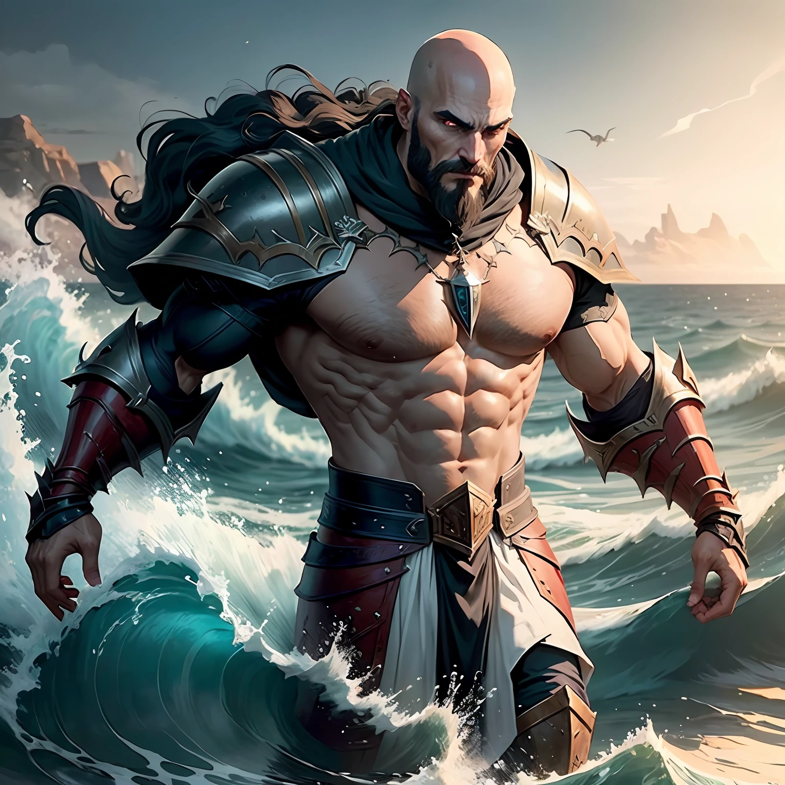Castlevania Shadow Lord bald beard handsome muscular Moroccan armor full warrior on waves of the sea environment storm scene super detailed hyper realistic
