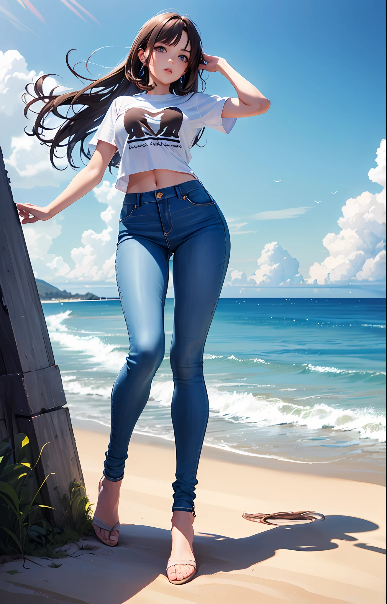 masterpiece, extremery magnificent view, perspective, extremery best quality, extremery detailed CG, 8k wallpaper, high resolution, highly detaiiled face, highly detailed eyes, perfect anatomy, super detailed skin, 
(dynamic angle, dynamic pose:1.2), outdoors, sandy beach, soothing waves, (portrait, legs focus, full body), (beautiful face, beautiful eyes, beautiful legs:1.3),
1 girl, solo, (t-shirts, skinny jeans:1.3), medium breasts, brown hair, long hair, floating hair, straight hair, open forehead, parted bangs, blue eyes, (barefoot, navel, :0.8), skinny, slender