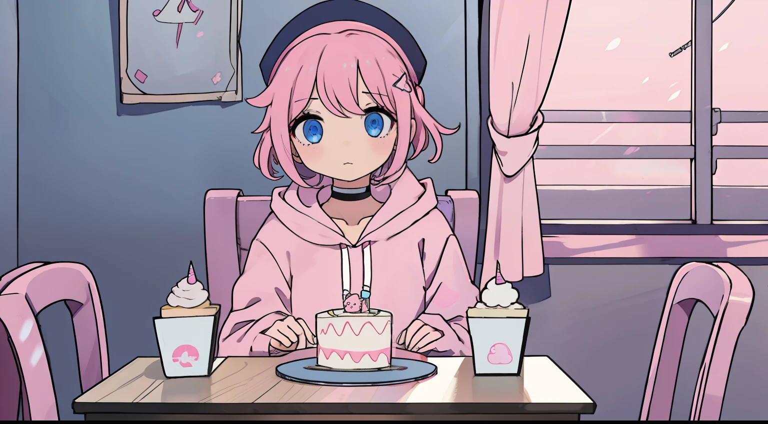 anime girl with short pink hair, hair clip, choker, blue eyes, pink hoodie, blue skirt, black legwear, white shoes, indoors, sitting in a chair, birthday hat, birth day cake in a table,