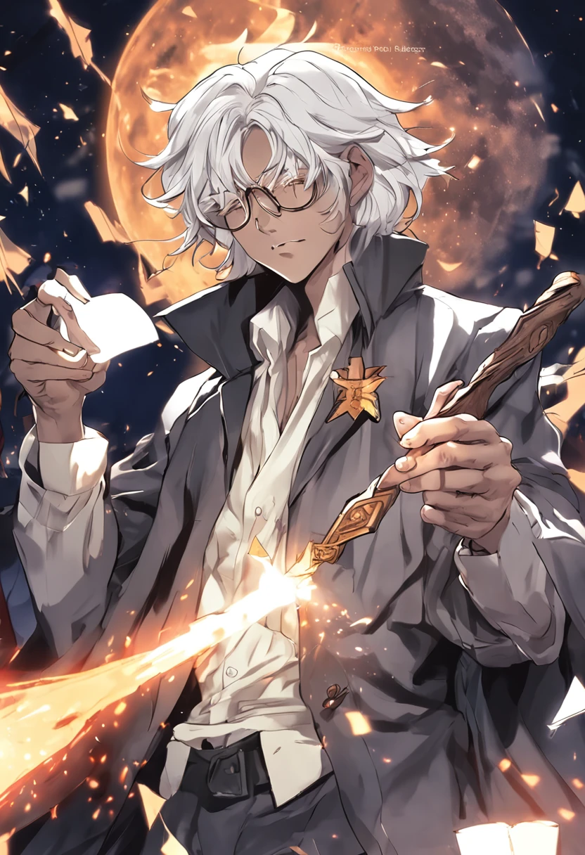 there is a man with a book and a wand in his hand, an anime drawing by Yang J, pixiv contest winner, digital art, similar to malfoy, he is casting a lighting spell, white haired, nagito komaeda, young wizard, white haired deity, holding a wand, white-haired, harry potter smoking weed, a silver haired mad