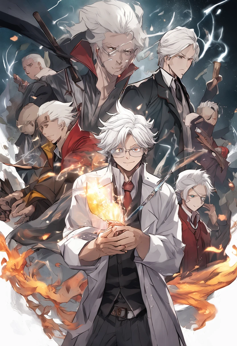 there is a man with a book and a wand in his hand, an anime drawing by Yang J, pixiv contest winner, digital art, similar to malfoy, he is casting a lighting spell, white haired, nagito komaeda, young wizard, white haired deity, holding a wand, white-haired, harry potter smoking weed, a silver haired mad