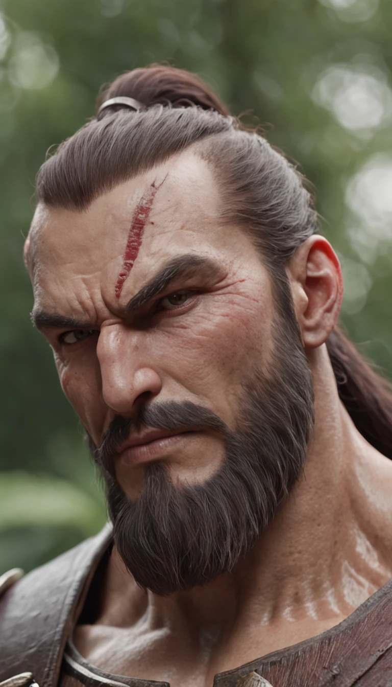 of a real,Facial features are carefully depicted,Realistic skin texture,中景 the scene is,Barbarian bearded uncle,Wearing heavy armor of steel,Two-handed greatsword,(male people:1.4),(There is a scar on the face:1.5),Strong limbs,(A half body:1.4),Short-cut hair of maroon color,Dark style,depth of fields,high light,Real light,Ray traching,oc rendered,Hyper-realistic,best qualtiy,8K,Works of masters,super-fine,Detailed pubic hair,Correct anatomy,sharp focus on eyes,Bokeh,Facial features are carefully depicted
