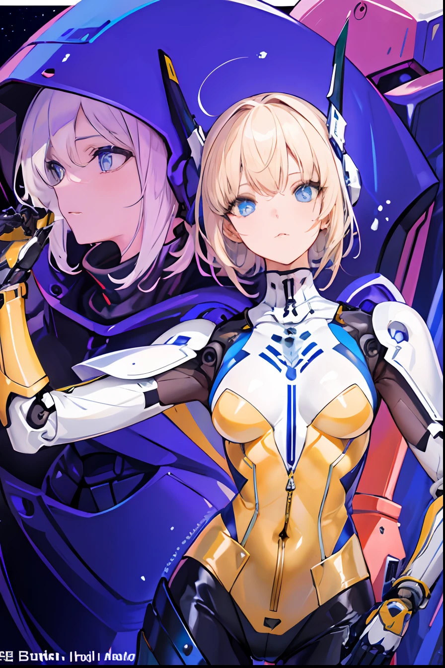 Masterpiece, solo,1girl, blue eyes, mecha musume, mechanical parts, robot joints, metal headgear, turtleneck, detailed background, depth of field, blonde, short hair, Korean idol, aespa Winter, yellow jumpsuits, black spandex, wind, metal suits, detailed skins, detailed clothes,