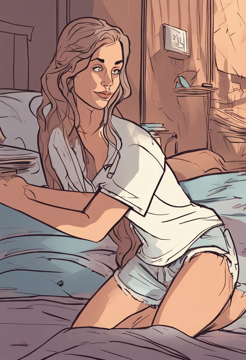 Emily is a -yeld teger ,(Pessoas do sexo FEMININO:1.4). Draw an illustration of Emily reading a book in her bedroom. Emily is in her bed on the second floor of the house. she is blonde, light-skinned and is wearing jeans and a white T-shirt. She's concentrating on reading the thriller book. The facial features are meticulously portrayed,textura de pele realista, profundidade de campos,Dynamic blur,Luz alta,luz real,Traching de raias,oc renderizado,hyper-realistic,melhor qualidade,8k,Obras de mestres,super-fino,anatomia correta,sharp focus on eyes,Bokeh,Facial features are carefully described