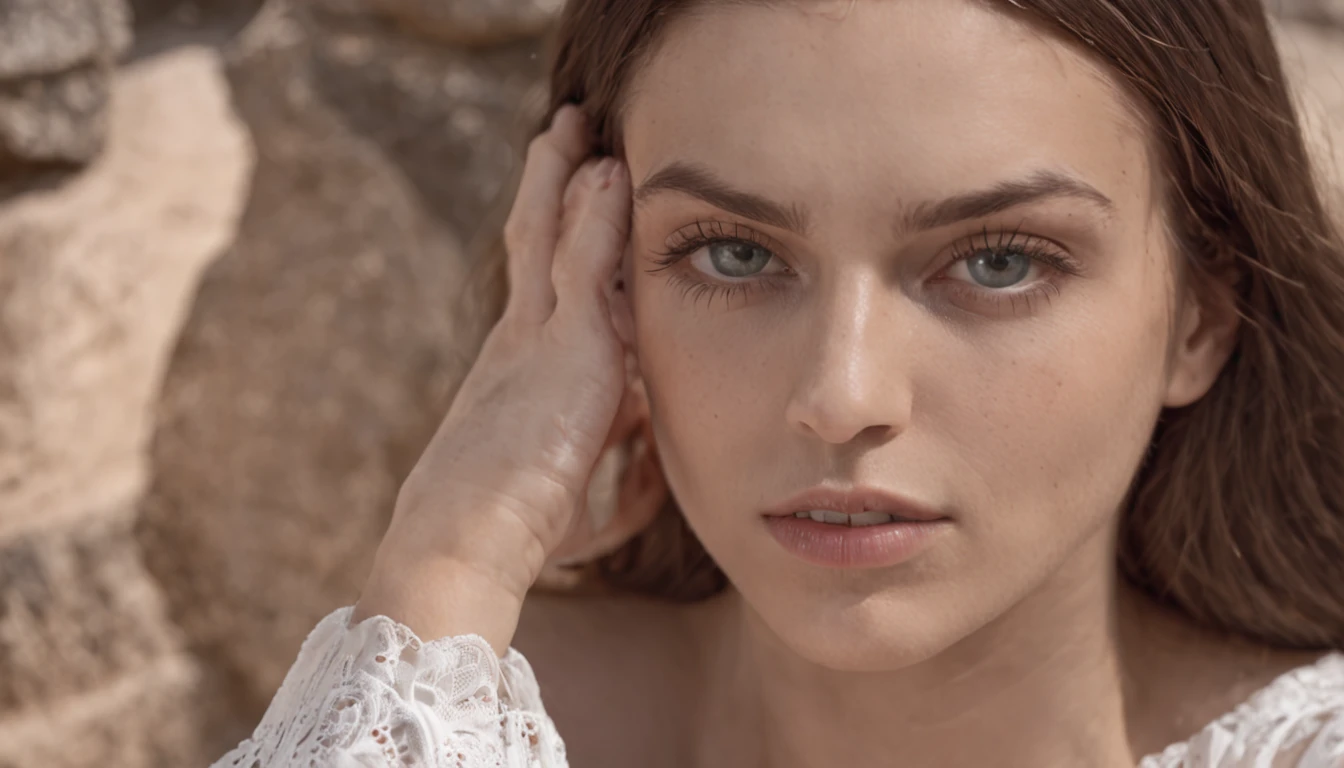 top-quality、masterpiece, high resolution、Full naked body portrait、(Photorealsitic:1.4)、Raw foto、One woman in the world、Detailed facial texture、Cool summer beach、