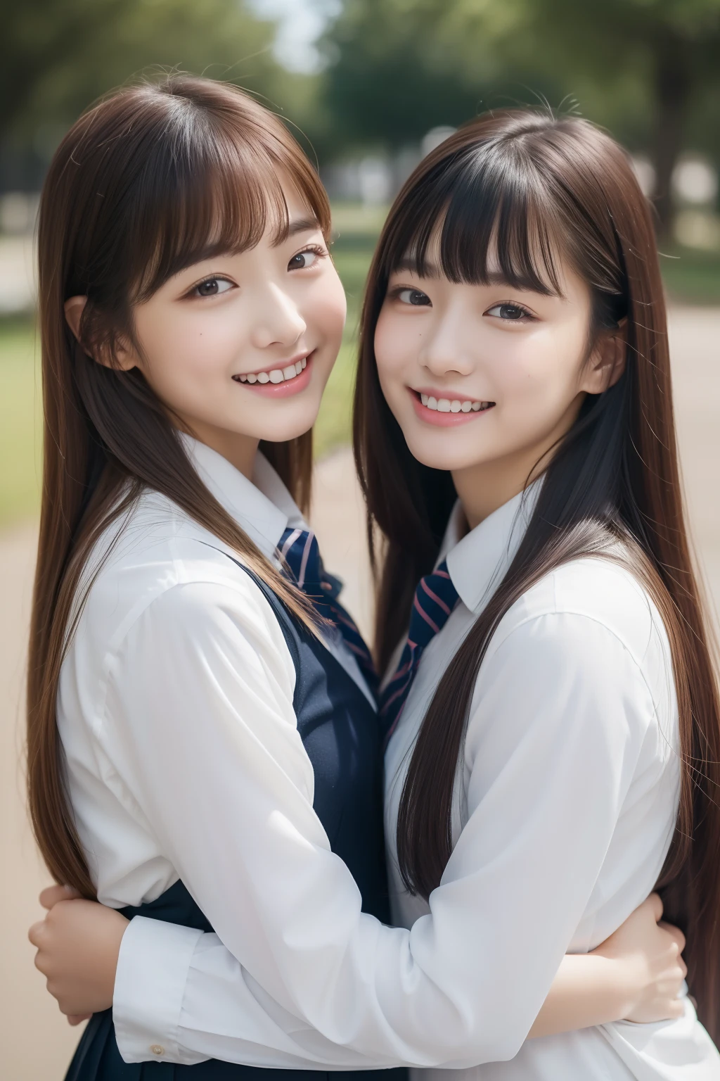 top-quality、8K、32K、masterpiece、nffsw:1.2)、2girls、Two girls with long hair、Two beautiful Japan women、Heavy bangs、long sleeved shirt、length hair、School Uniforms