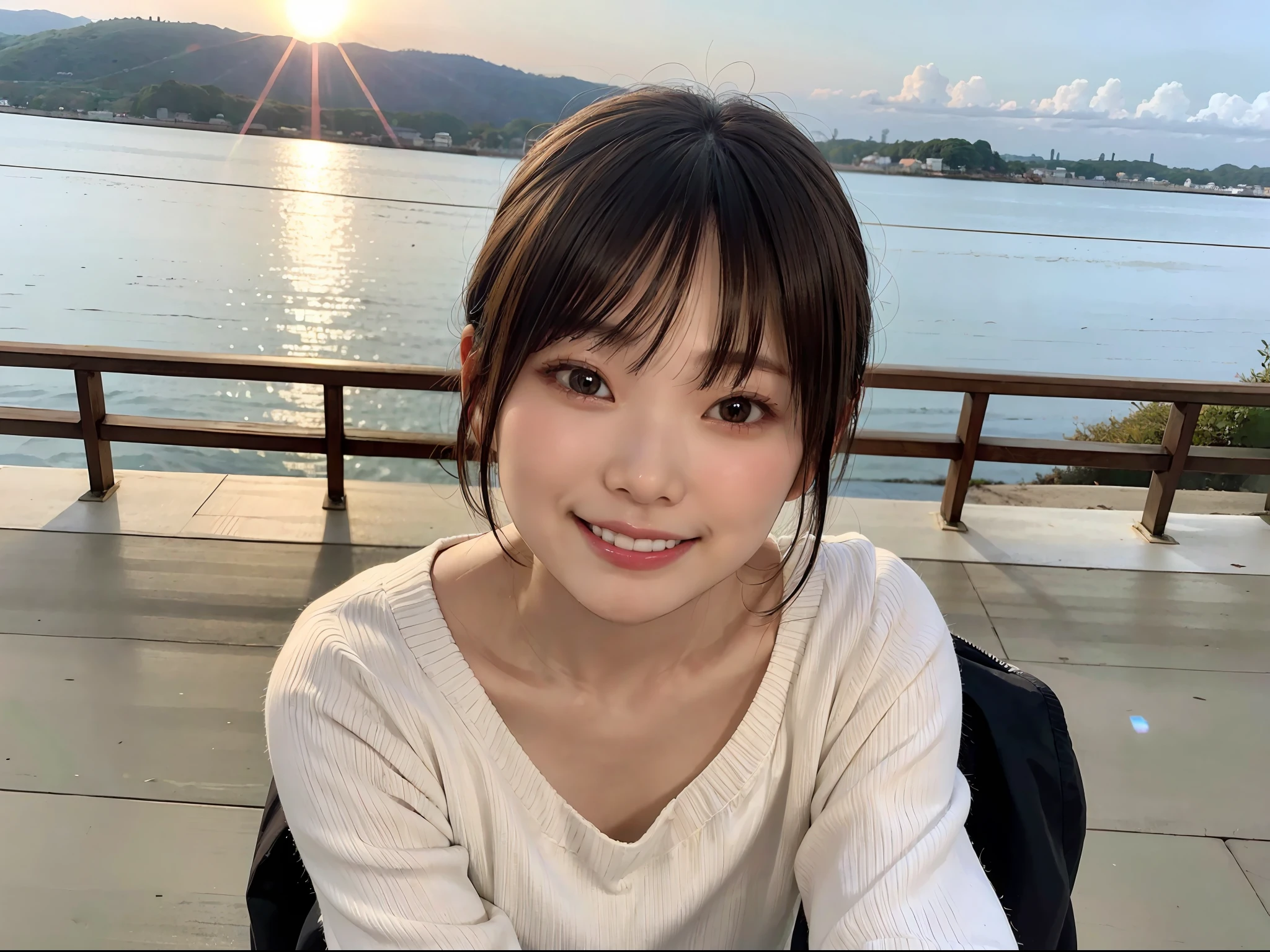 closeup shot , Best picture quality (8K, high resolution, Masterpiece: 1.2), super detailed, 215 Short Hair, 16-year-old woman,
situation: Greeting the sunrise on the beach、Picnic scene。
clothing: casual beach clothing(Summer dresses or shorts and t-shirts)、flip flops、A light jacket or blanket。
angle: Wide sandy beach background、A wide-angle shot of a person waiting for the sunrise on a picnic sheet。Scenes of people taking food out of a picnic basket、Close-up of a face gazing at the sunrise。Emphasizing the calm atmosphere of the morning and the beautiful sunrise。
Close-up of face
, random cute pose ,big eyes ,Puffy eyes , Heart Pupil, blush , huge shy smile , salute