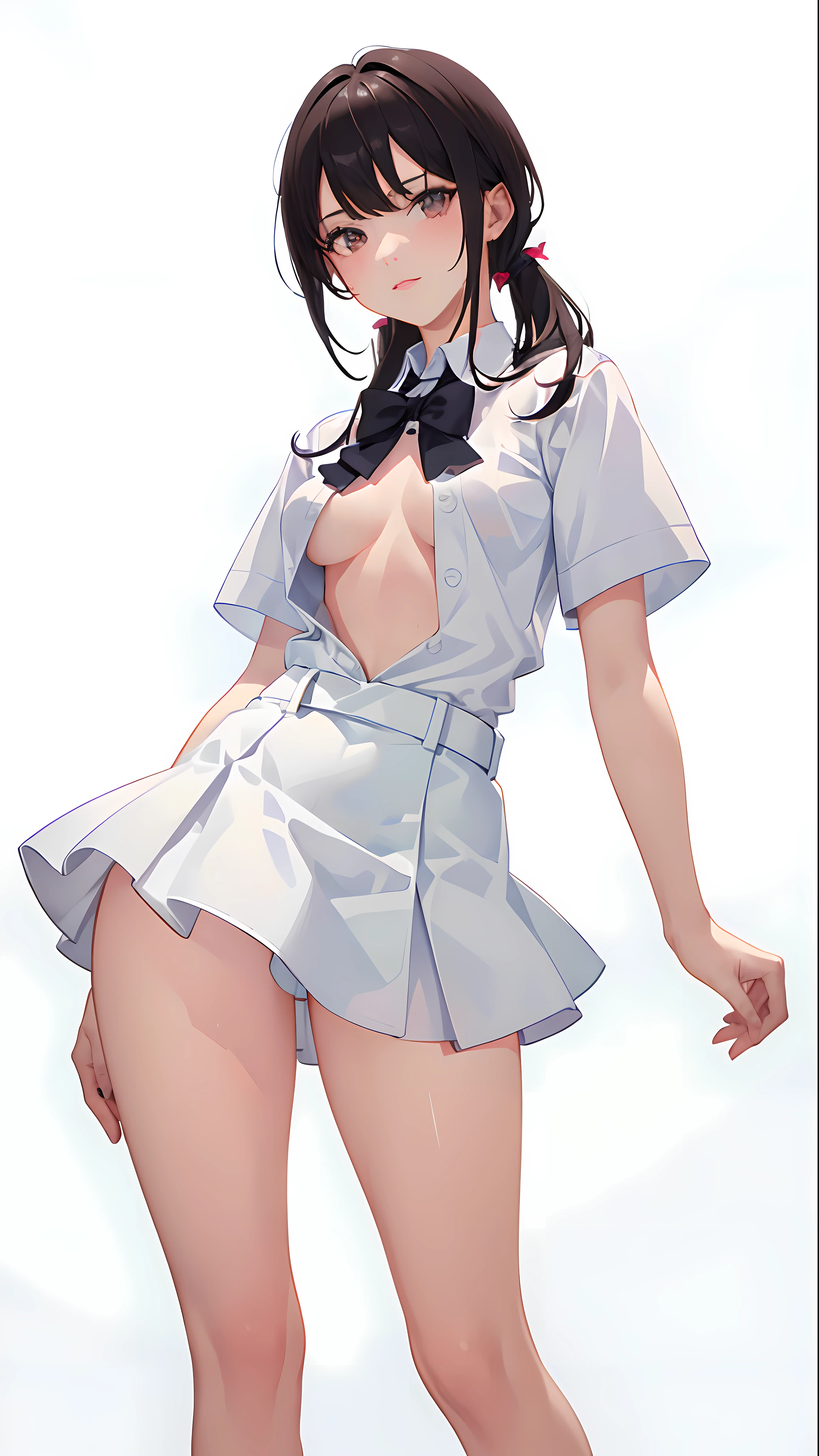 1girl, solo, white polo shirt, white sneakers, school uniform, white miniskirt, masterpiece, best quality, realistic, hyper-detailed, (shiny skin, sweaty:1.0), absurd, looking at viewer, short black hair, brown eyes, slender, dynamic lighting, high resolution, sharp focus, depth of field, detailed eyes, sharp pupils, realistic pupils, (small :1.6), (thick thighs:1.0), outdoor, sky