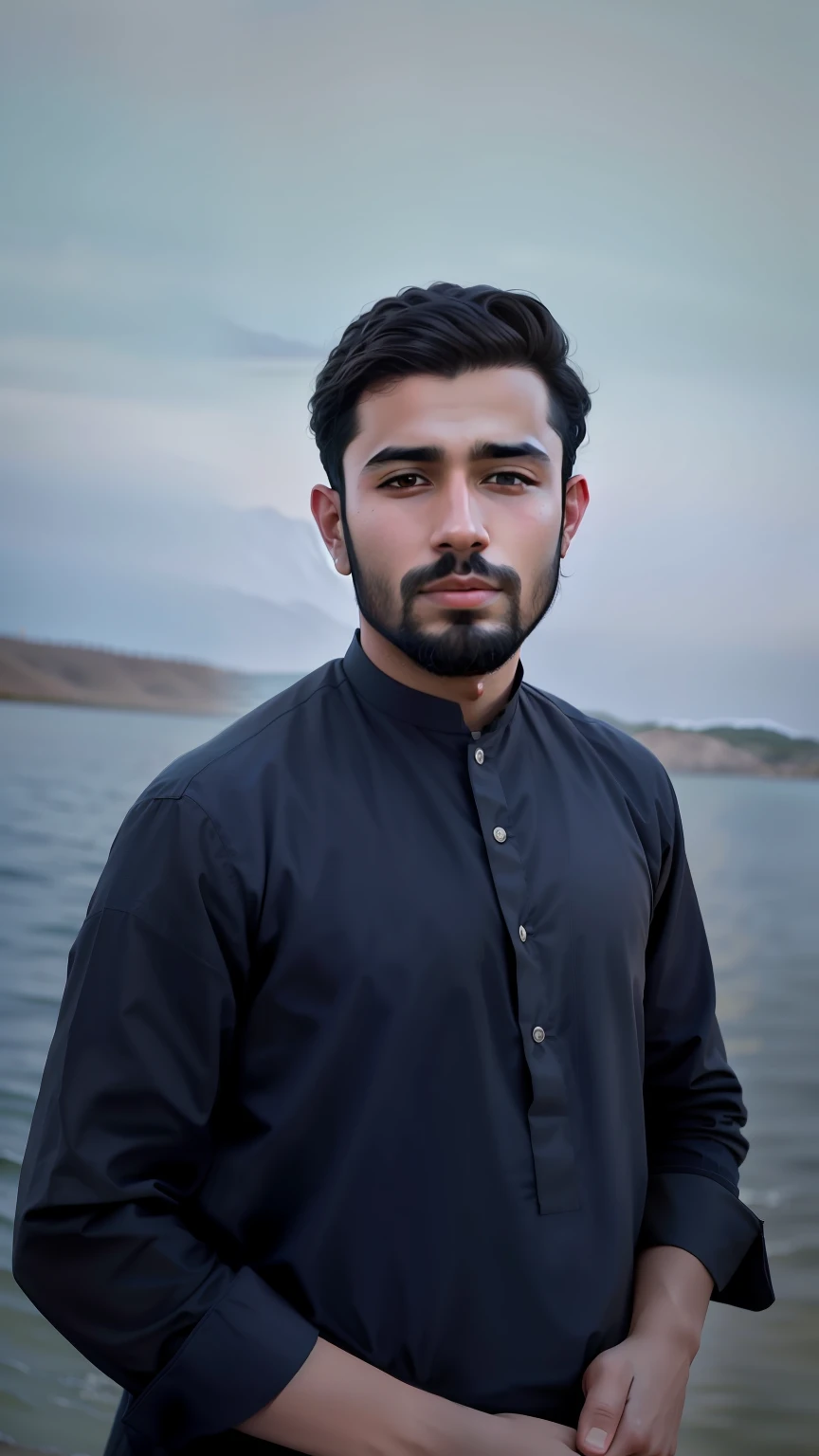arafed man standing in front of a body of water, khyzyl saleem, kyza saleem, ash thorp khyzyl saleem, by Riza Abbasi, portait photo profile picture, very very high quality picture, riyahd cassiem, sayem reza, headshot profile picture, profile picture 1024px, 8k, Photorealistic,