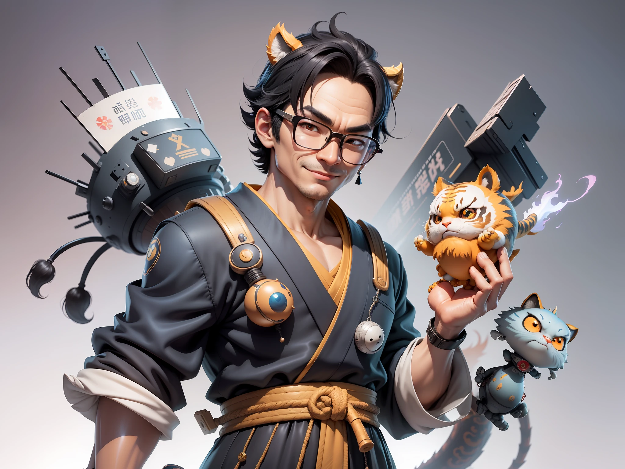 (Masterpiece), (Excellent), (Super Meticulous), (Full Body: 1.2), Super Young Man with Japanese Female Geisha, Pretty, Beautiful, Chinese Dragon, Tiger, Wind God Thor, Sexy, Bursting, Oriental Face, TV Anchor, Bust Portrait Illustration, Black Suit, Blue Tie, Slightly Chubby Face, Silver Glasses, Very Clean Face, No Beard on Chin, Black Super Short Hair, Black Eyes, Confident Smile, 3c Computer Sub-Products, iPad, iPhone, Digital Painting, 3D character design by Mark Clairedon and Pixar and Hayao Miyazaki and Akira Toriyama, the illustrations are HD illustrations in 4K resolution with highly detailed facial features and cartoon-style visuals.