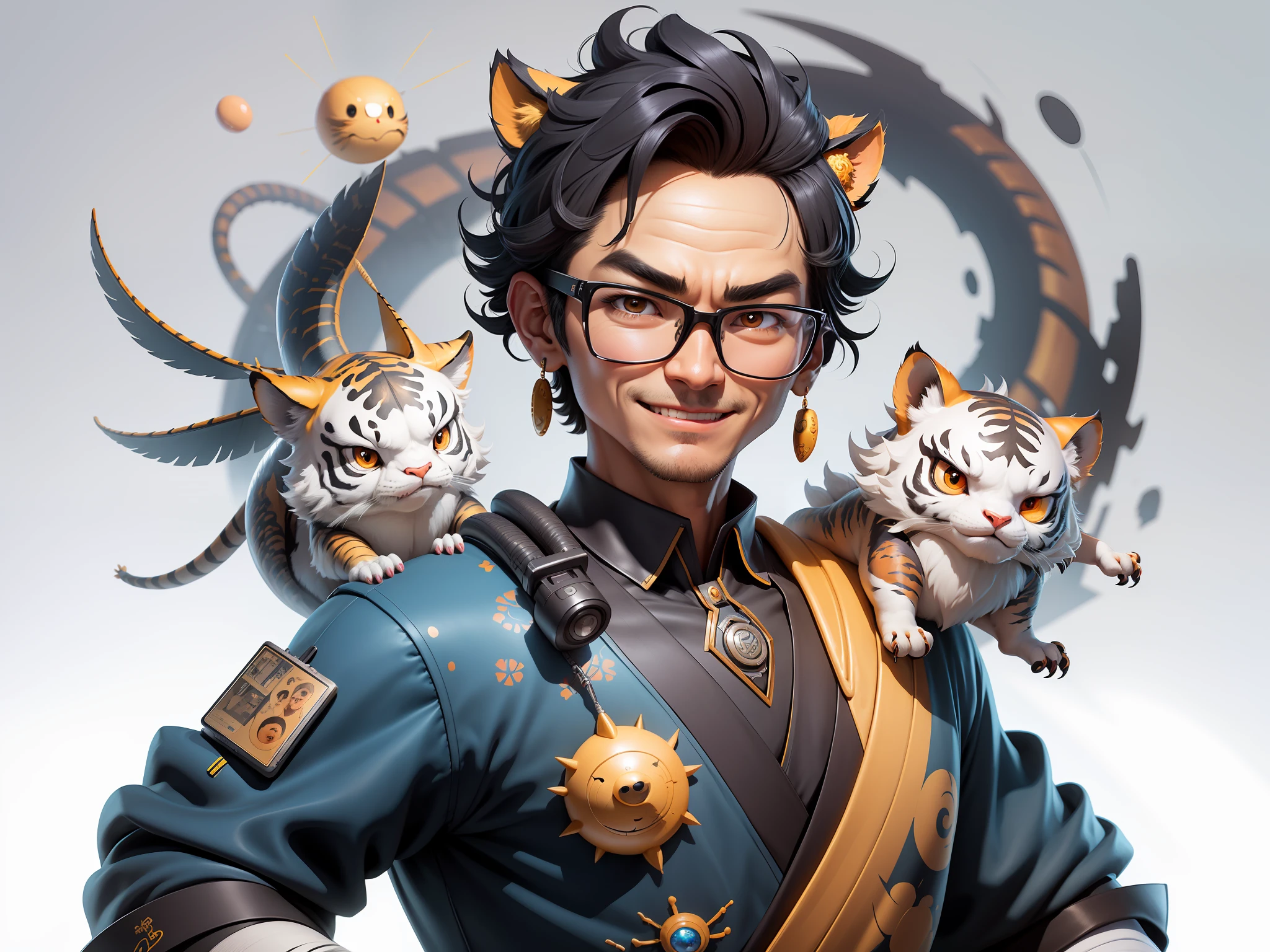 (Masterpiece), (Excellent), (Super Meticulous), (Full Body: 1.2), Super Young Man with Japanese Female Geisha, Pretty, Beautiful, Chinese Dragon, Tiger, Wind God Thor, Sexy, Bursting, Oriental Face, TV Anchor, Bust Portrait Illustration, Black Suit, Blue Tie, Slightly Chubby Face, Silver Glasses, Very Clean Face, No Beard on Chin, Black Super Short Hair, Black Eyes, Confident Smile, 3c Computer Sub-Products, iPad, iPhone, Digital Painting, 3D character design by Mark Clairedon and Pixar and Hayao Miyazaki and Akira Toriyama, the illustrations are HD illustrations in 4K resolution with highly detailed facial features and cartoon-style visuals.