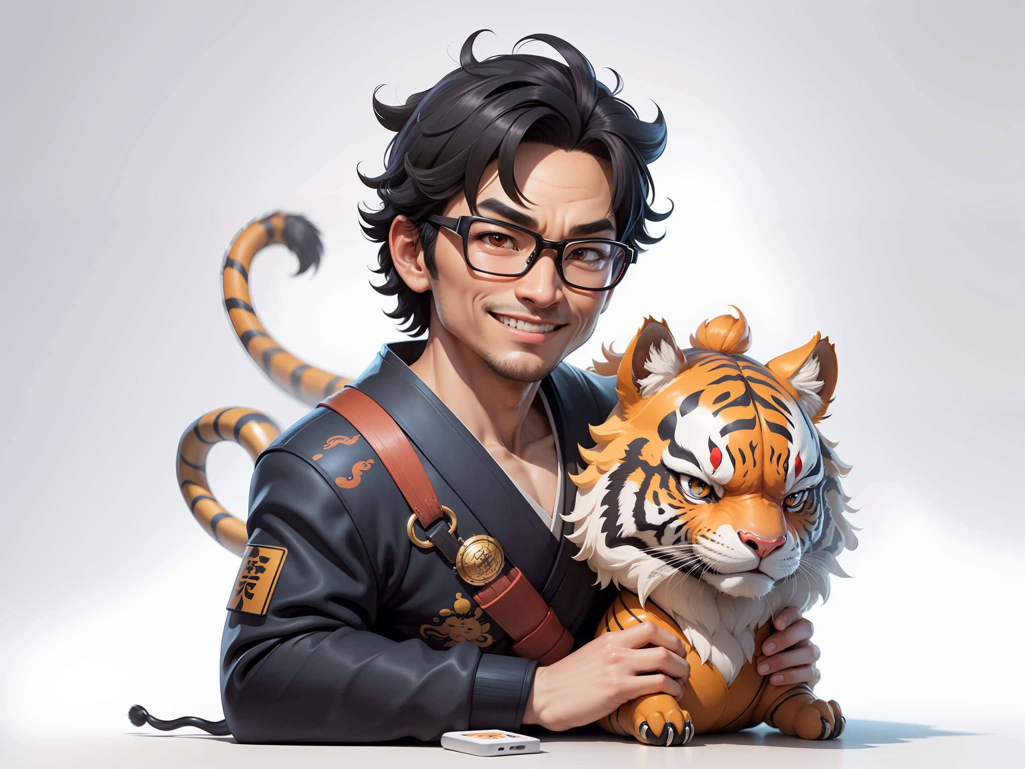 (Masterpiece), (Excellent), (Super Meticulous), (Full Body: 1.2), Super Young Man with Japanese Female Geisha, Pretty, Beautiful, Chinese Dragon, Tiger, Wind God Thor, Sexy, Bursting, Oriental Face, TV Anchor, Bust Portrait Illustration, Black Suit, Blue Tie, Slightly Chubby Face, Silver Glasses, Very Clean Face, No Beard on Chin, Black Super Short Hair, Black Eyes, Confident Smile, 3c Computer Sub-Products, iPad, iPhone, Digital Painting, 3D character design by Mark Clairedon and Pixar and Hayao Miyazaki and Akira Toriyama, the illustrations are HD illustrations in 4K resolution with highly detailed facial features and cartoon-style visuals.