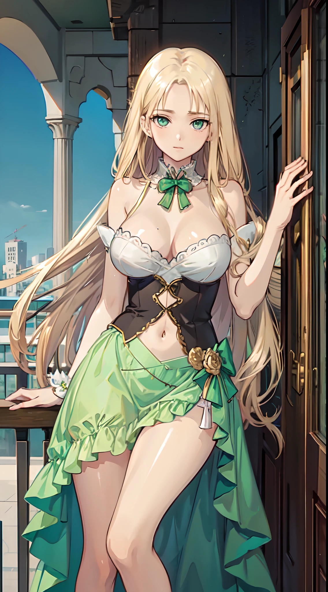 blonde hair, long hair, green eyes, green gown, short skirt, slim legs, navel, balcony, cleavage, bend over, rolling eyes, ahegou