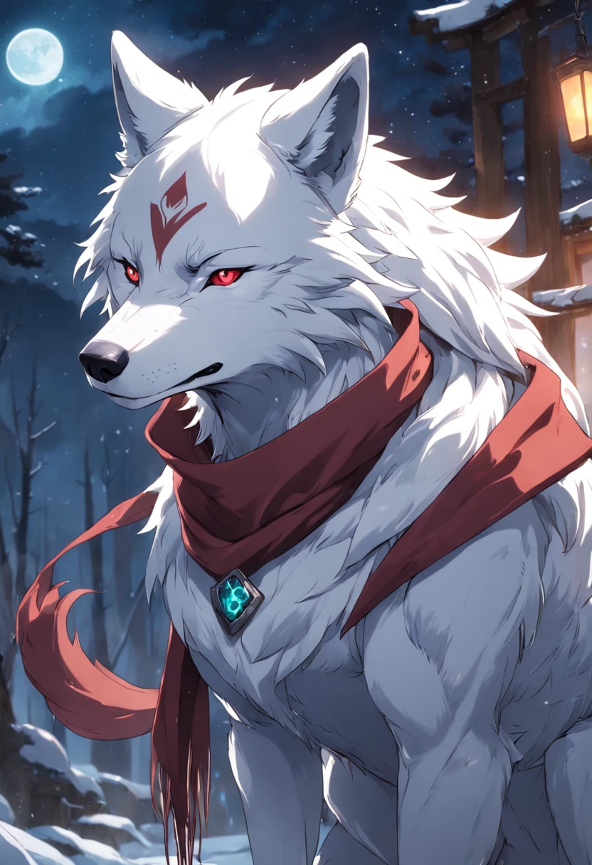 furry, humanoid wolf, white wolf, red scarf, grey eyes, looking at the sky, full quality