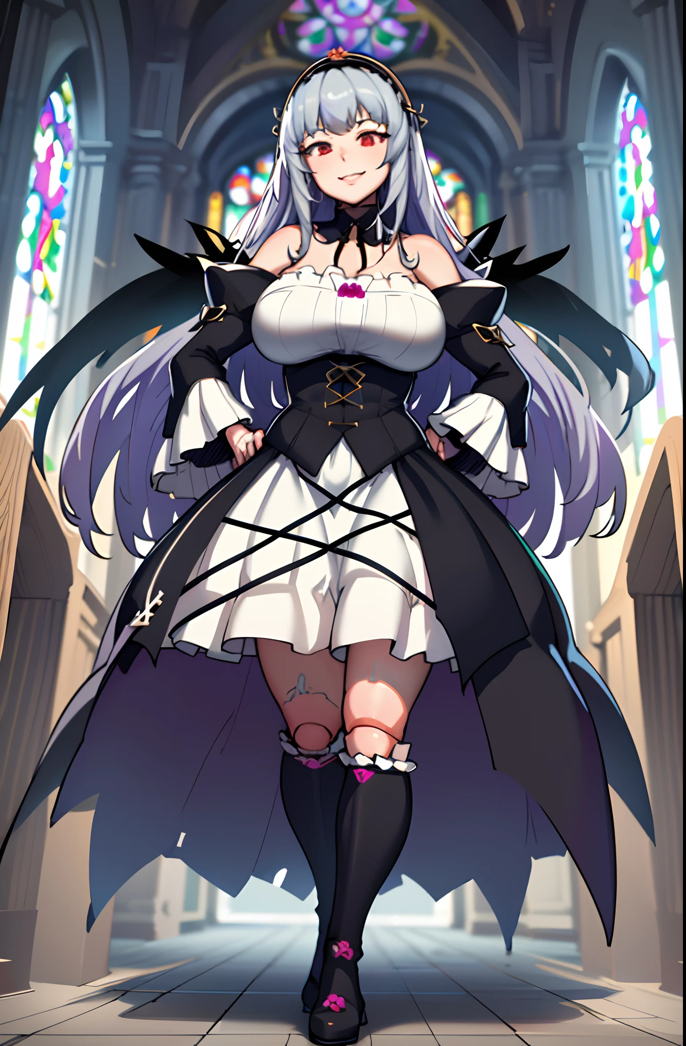 (masterpiece, best quality, detailed, highres), 1girl, solo, indoors, church, stained glass, window, sunlight, hand on hip, evil smile, from below, looking at viewer, suigintou, XXXXXX fashion, XXXXXX hairband, black dress, frills, black wings, knee boots, detached collar, cross, juliet sleeves, cross-laced dress, doll joints <lora:SuigintouV4_1-000014-, full body ,boots,hugebreast