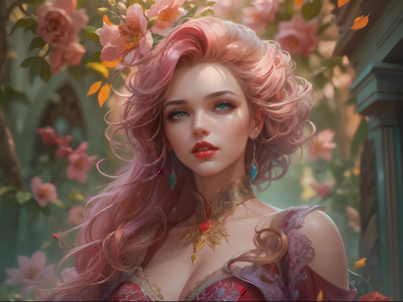 This is realistic fantasy artwork set in the castle's enchanted colorful garden. Generate a proud woman with a highly detailed face dressed in the billowing folds of a stunning French silk ballgown. With violet hair color,The woman's sweet face is ((((highly detailed, with realistic features and soft, puffy red lips.))))  The ballgown is embellished with cyberpunk ruffles, sashes, and bows and a delicately, but intricately, hand-embroidered bodice. The corset features silk ribbon. The woman's stunning eyes are beautifully detailed, featuring realistic shading and multiple colors and high resolution. The woman is in a garden of colorful flowers, each one beautifully formed and highly detailed. These realistic flowers feature shimmering shades of pink, yellow, orange, and glimmering red. Ensure that the woman's face, hair, and eyes are perfect. realism, high fantasy, whimsical fantasy, storybook fantasy, fairytale fantasy, fantasy details, enchanting, bewitching, 8k, hires, cgi, digital painting, unity, unreal engine, (((masterpiece))), intricate, elegant, highly detailed, majestic, digital photography, art by artgerm and ruan jia and greg rutkowski, (masterpiece, finely detailed beautiful eyes: 1.2), hdr, realistic skin texture, (((1woman))), (((solo))), Include a highly detailed face, extremely detailed face, and interesting background.