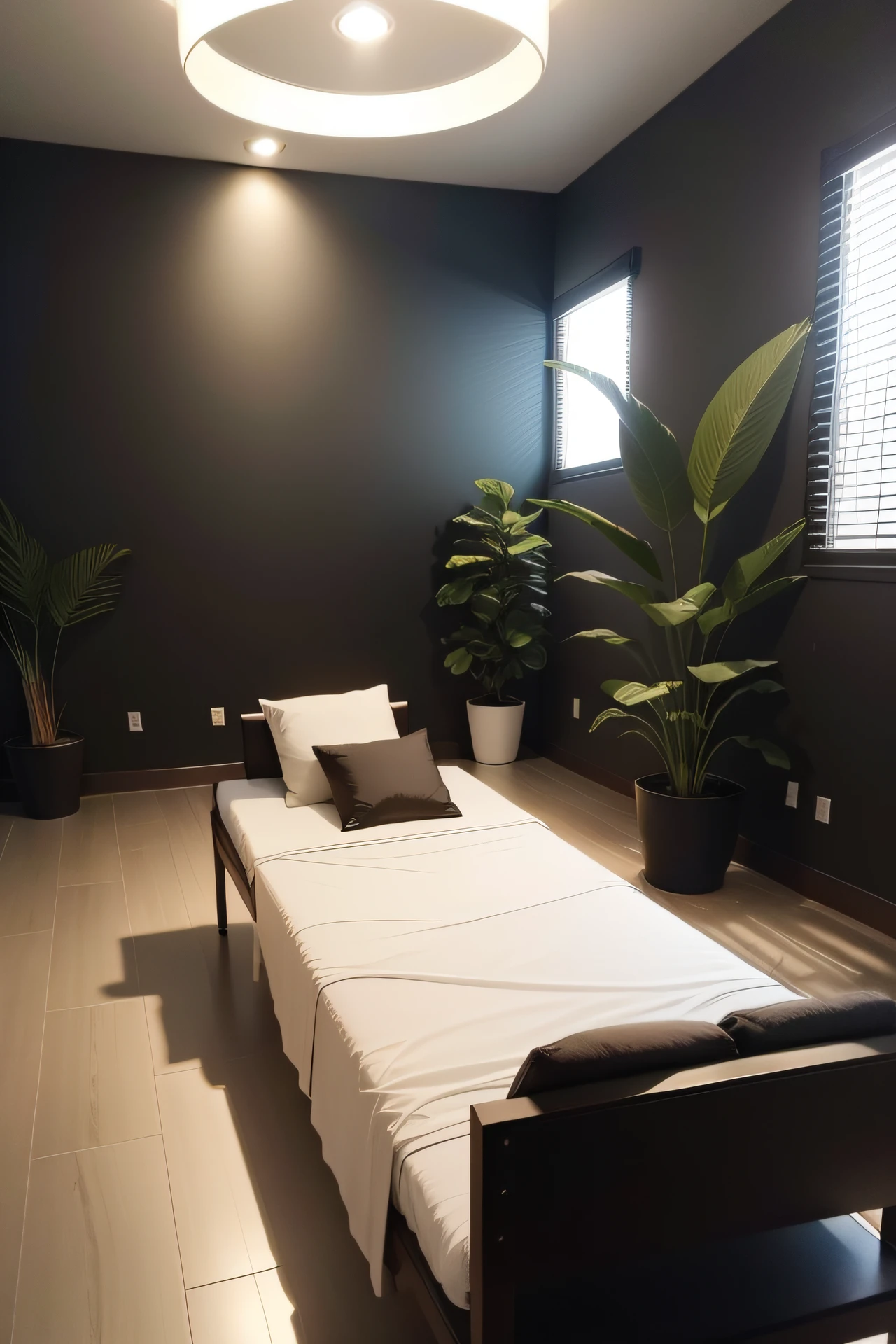 Sala de massagem em formato retangularcom estilo moderno , with black furniture, escrivaninha, Notebook, parede cinza claro, fitas de led no teto, com pequenas plantas decorativas, prateleiras de led, gaveteiro movel. super realista. coloque uma pessoa sendo atendida e recebendo uma massagem