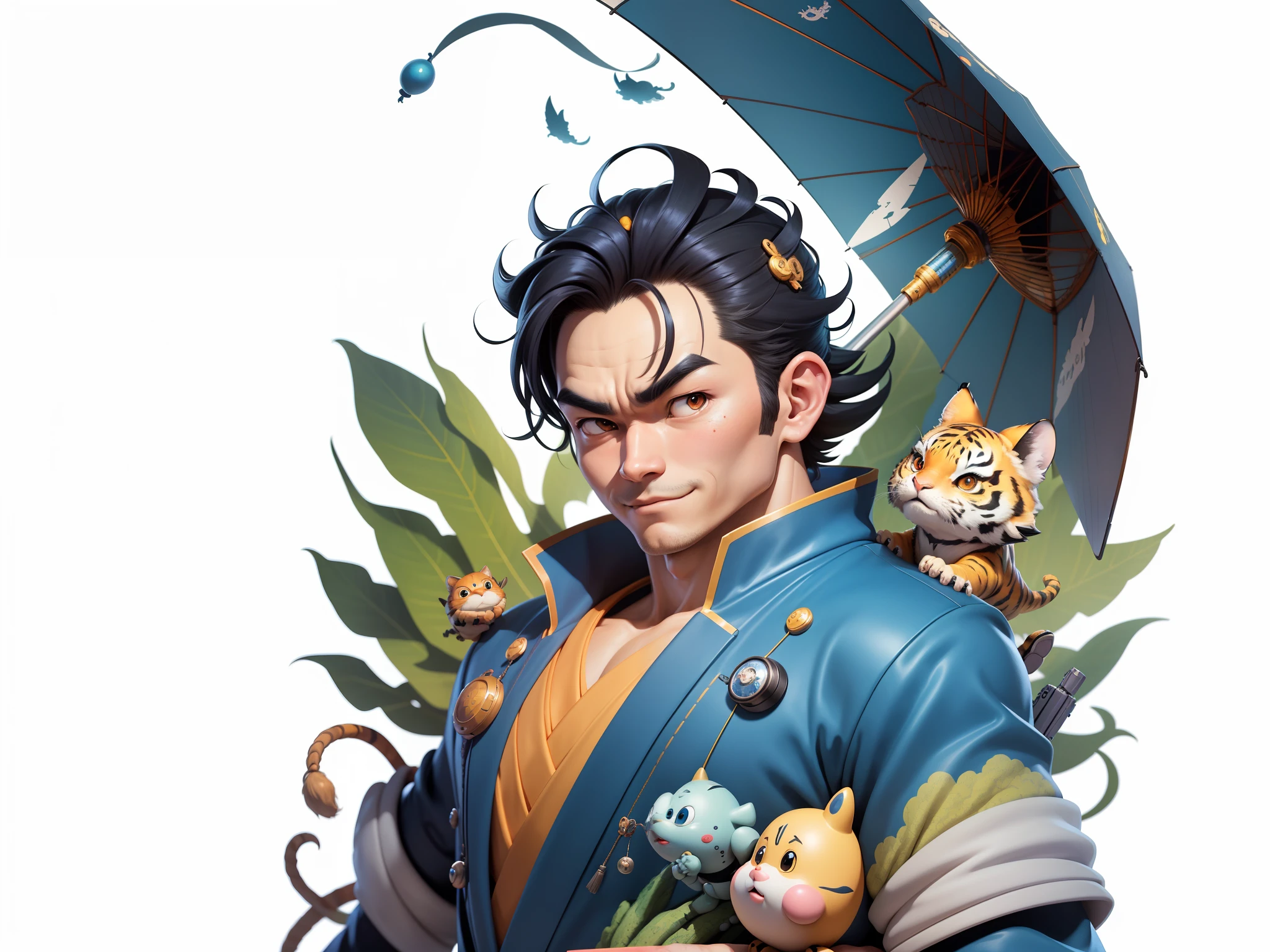 (Masterpiece), (Excellent), (Super Meticulous), (Full Body: 1.2), Super Young Man, Oriental Face, Japanese Kimono, Japanese Wind Thunder God, Dragon, Tiger, TV Anchor, Bust Portrait Illustration, Alone, Black Suit, Blue Tie, Slightly Chubby Face, Very Clean Face, No Beard, Black Super Short Hair, Black Eyes, Confident Smile, 3c Computer Sub-Products, iPad, iPhone, Digital Painting, 3D Character Design by Akira Toriyama and Mark Claireden and Pixar and Hayao Miyazaki, The illustration is a high-definition illustration in 4K resolution with very detailed facial features and cartoon-style visuals.
