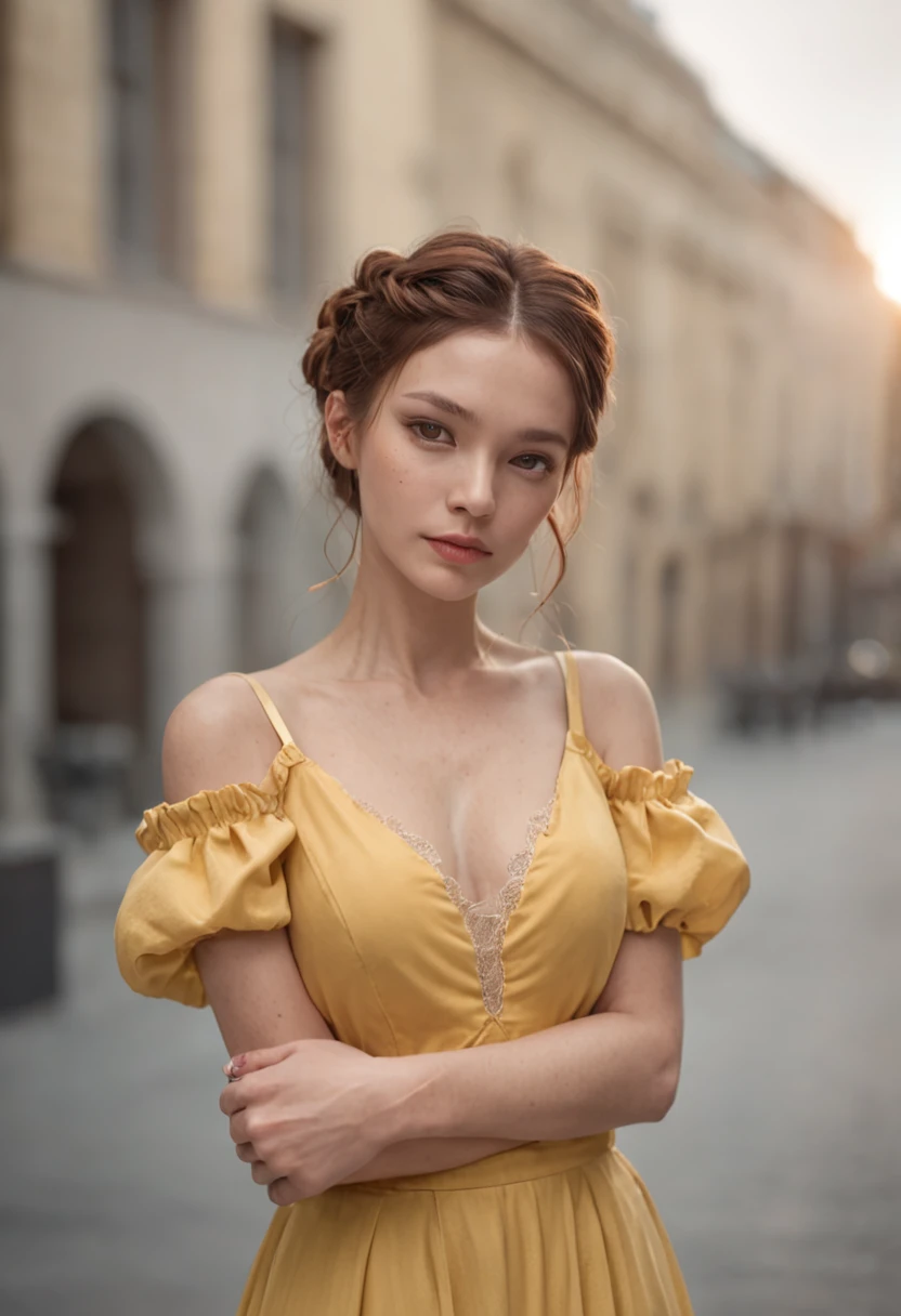 (dreads_Hairstyles:1.3),Woman posing for a photo, Wear an elegant, Yellow dress, nice hand,4K, High-res, Masterpiece, Best quality, Head:1.3,((Hasselblad photograp)), Fine fine skin, Sharp focus, (Cinematic lighting), Night, Soft lighting, Dynamic Angle, [:(Detailed face:1.2):0.2],(((Futuristic city))),