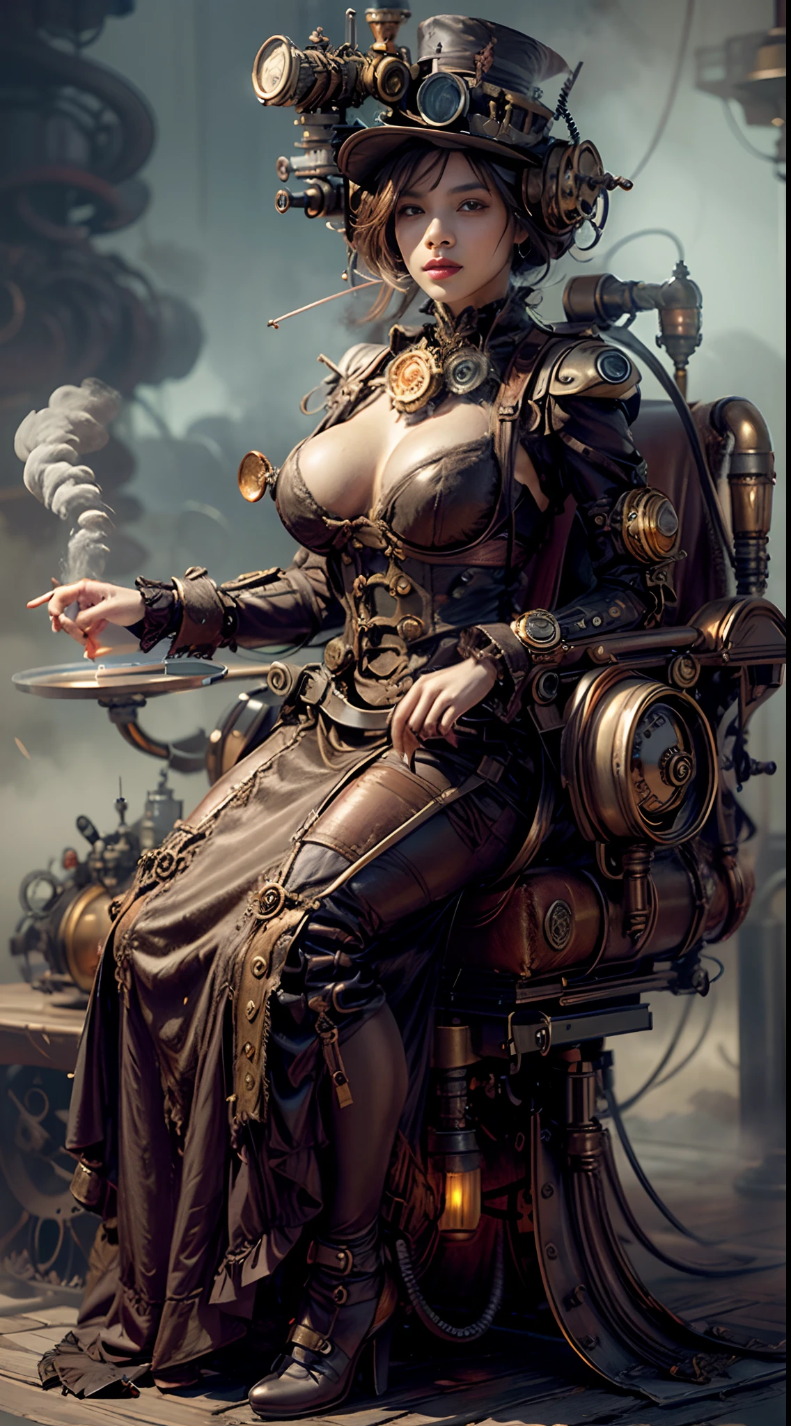 There's a sexzy indian 1woman with a steam-powered dusky skin, with big boobs,Royal look,helmet, arte conceitual steampunk, sexzy full body view top to bottom, sitting in steam punk queen chair,dark smoke fog background,arte steampunk digital, arte steampunk de alta qualidade, Wojtek FUS, arte digital steampunk, detailed wild steampunk illustration, Portrait of a gold and copper mechanical woman, arte steampunk, estilo de arte dieselpunk, cyberpunk steampunk, estilo de fantasia steampunk, Arte digital altamente detalhada em 4k, sci-fi steampunk